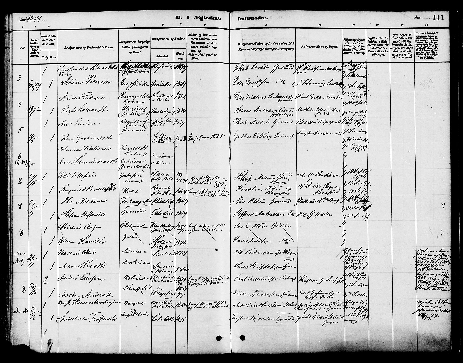 Gran prestekontor, SAH/PREST-112/H/Ha/Haa/L0016: Parish register (official) no. 16, 1880-1888, p. 111