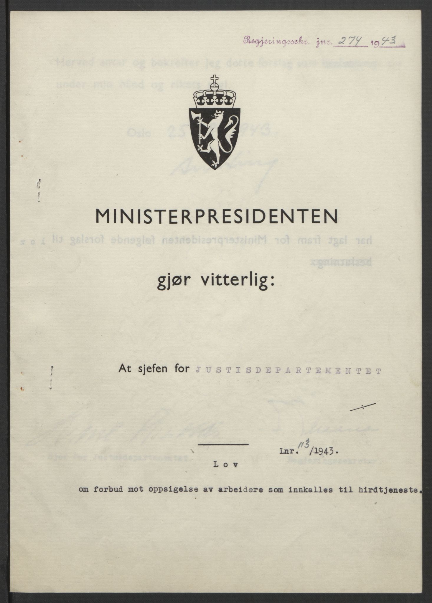 NS-administrasjonen 1940-1945 (Statsrådsekretariatet, de kommisariske statsråder mm), AV/RA-S-4279/D/Db/L0099: Lover, 1943, p. 527