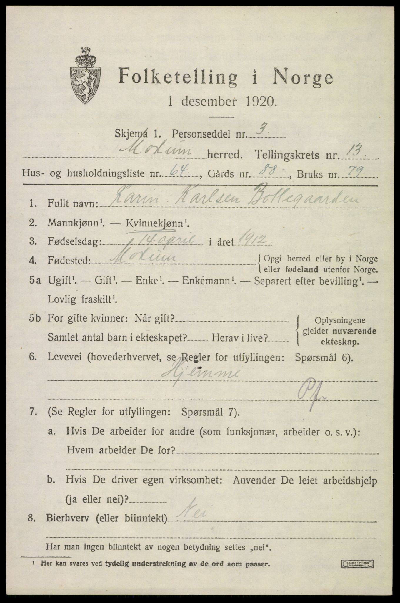 SAKO, 1920 census for Modum, 1920, p. 15963