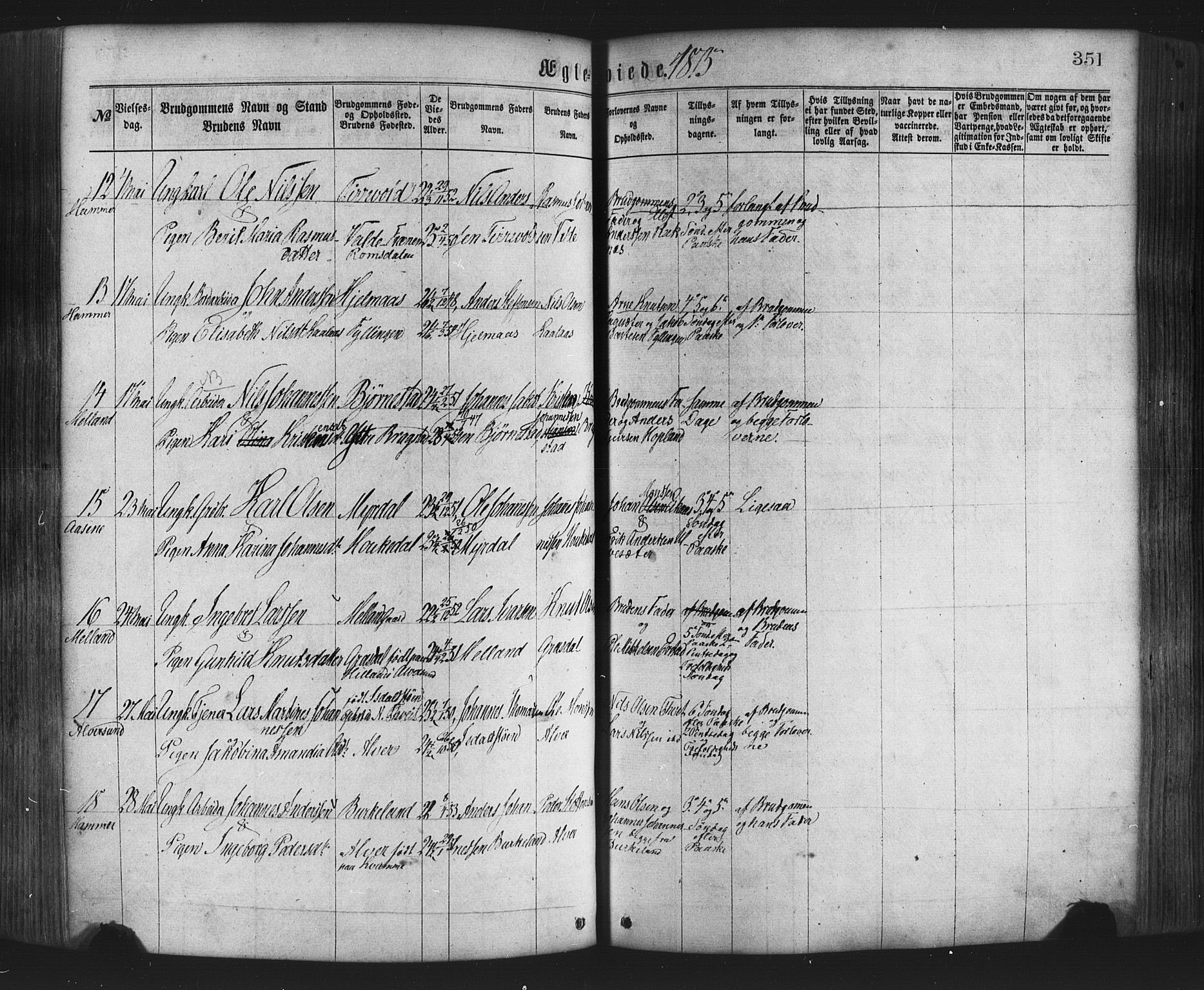 Hamre sokneprestembete, AV/SAB-A-75501/H/Ha/Haa/Haaa/L0015: Parish register (official) no. A 15, 1870-1881, p. 351