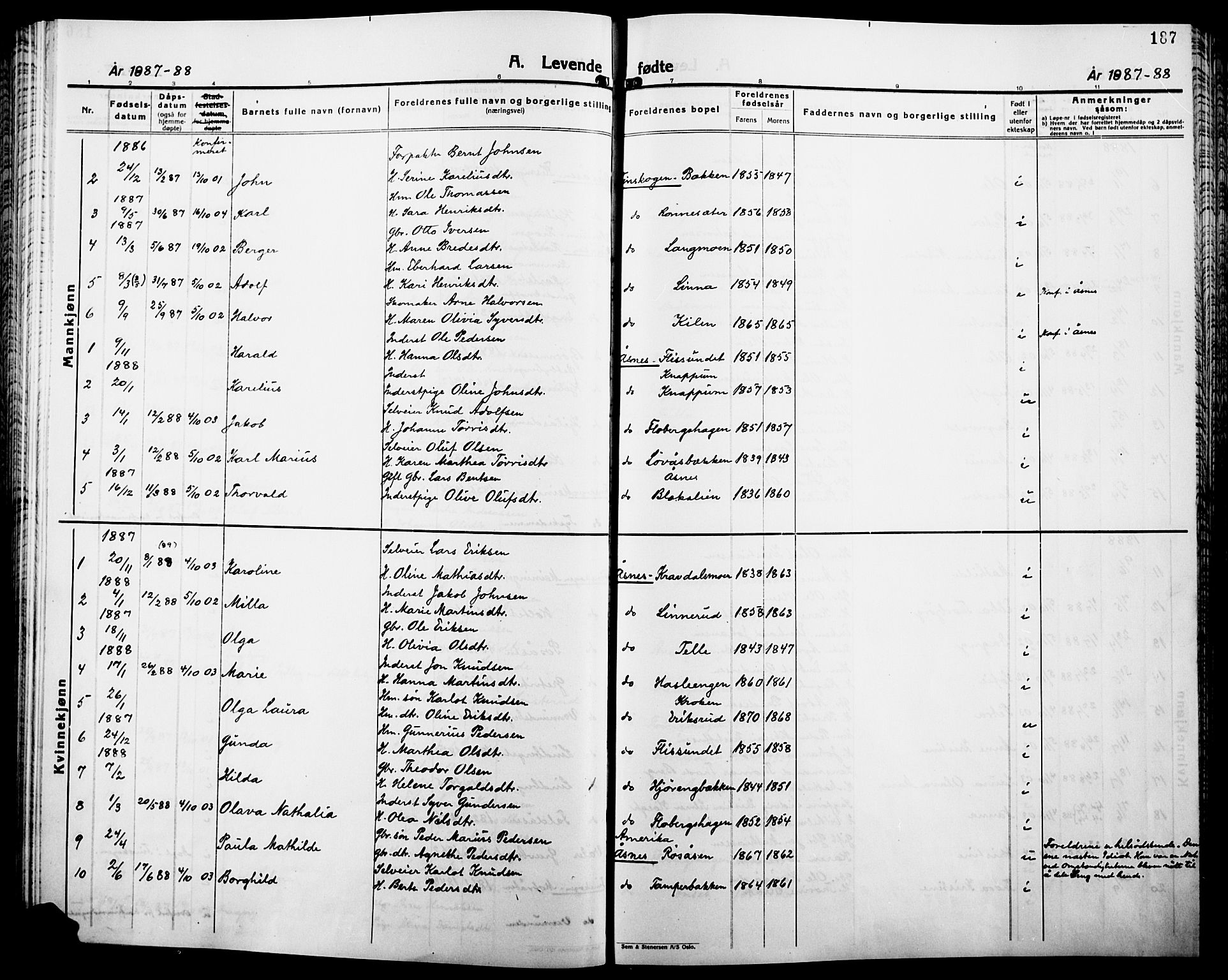 Åsnes prestekontor, AV/SAH-PREST-042/H/Ha/Haa/L0000B: Parish register (official), 1870-1889, p. 187