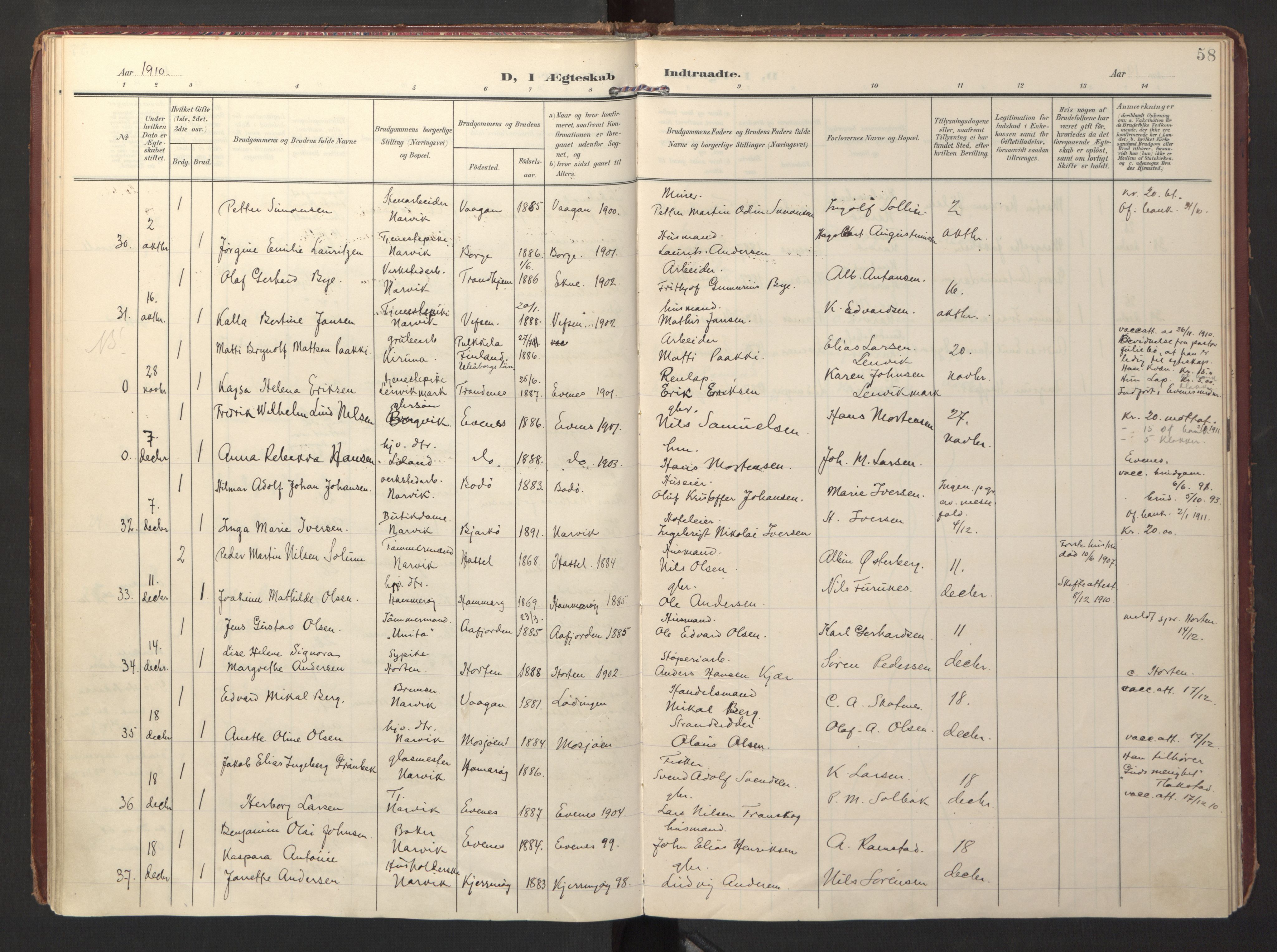 Ministerialprotokoller, klokkerbøker og fødselsregistre - Nordland, AV/SAT-A-1459/871/L0999: Parish register (official) no. 871A15, 1902-1917, p. 58