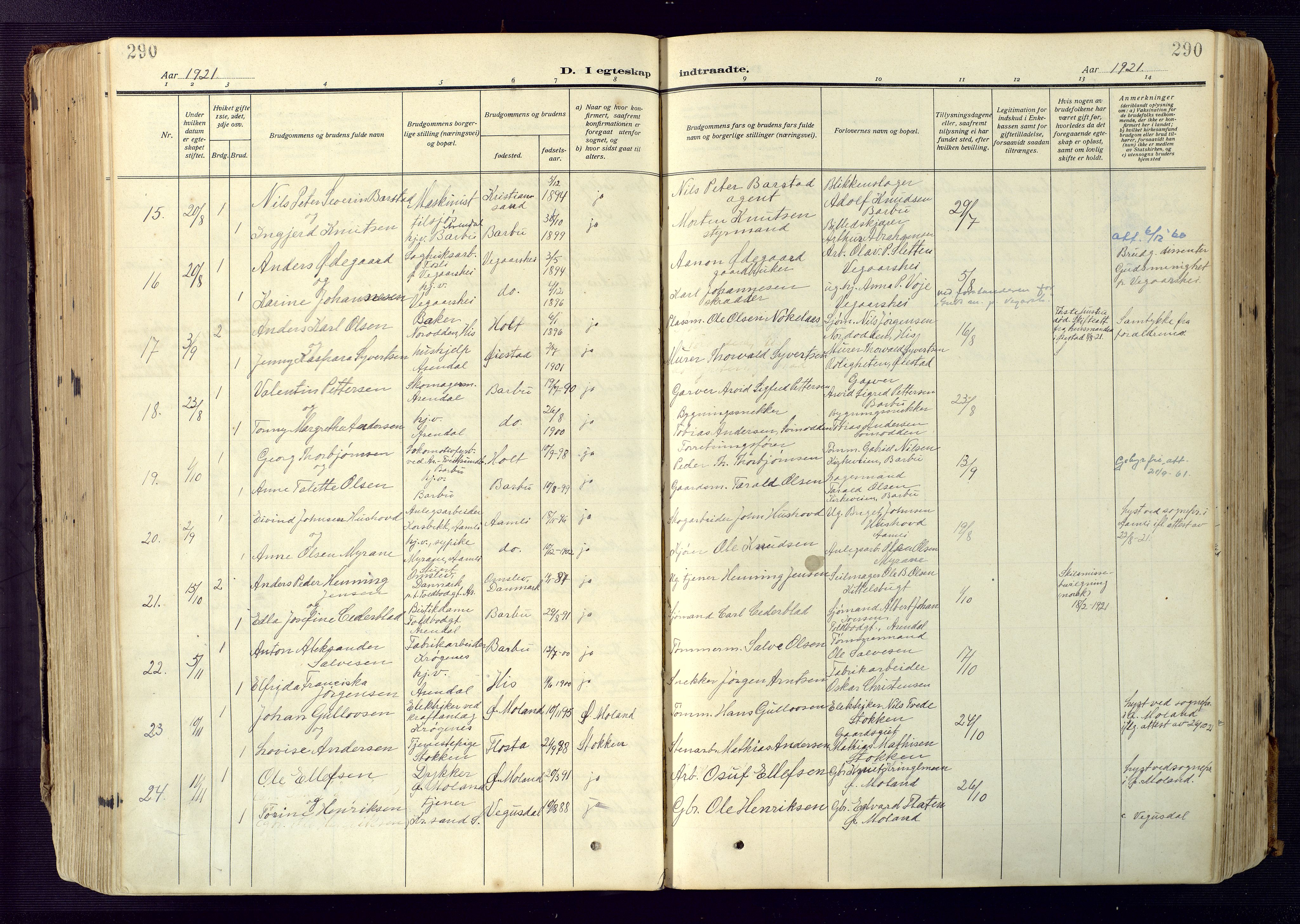 Barbu sokneprestkontor, SAK/1111-0003/F/Fa/L0006: Parish register (official) no. A 6, 1910-1929, p. 290