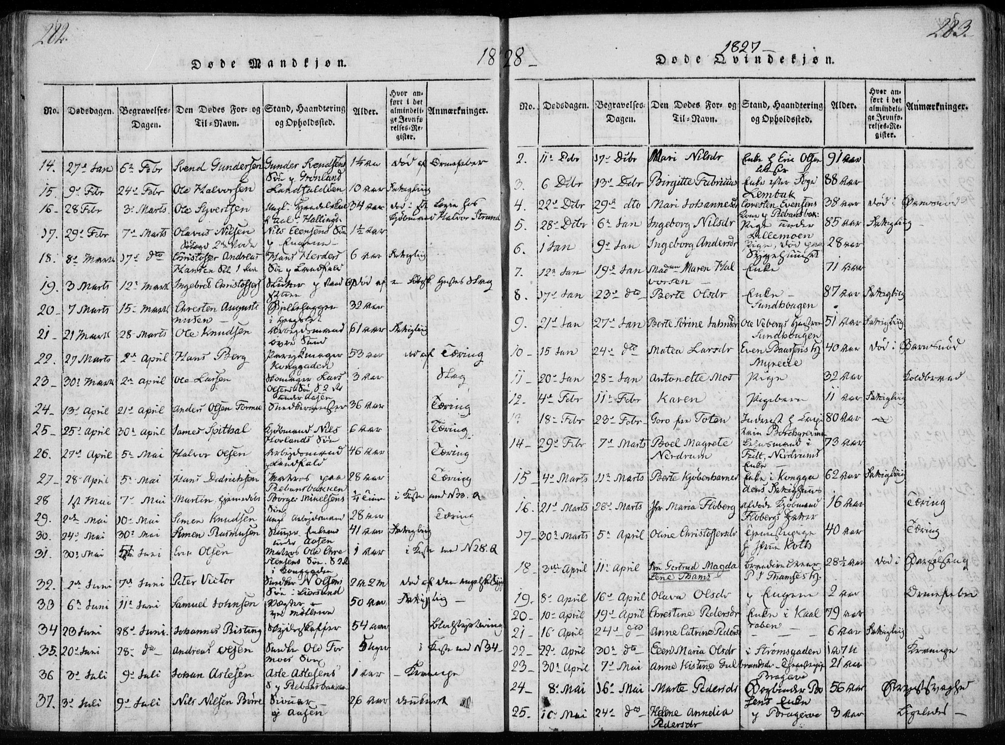 Bragernes kirkebøker, AV/SAKO-A-6/F/Fa/L0007: Parish register (official) no. I 7, 1815-1829, p. 282-283