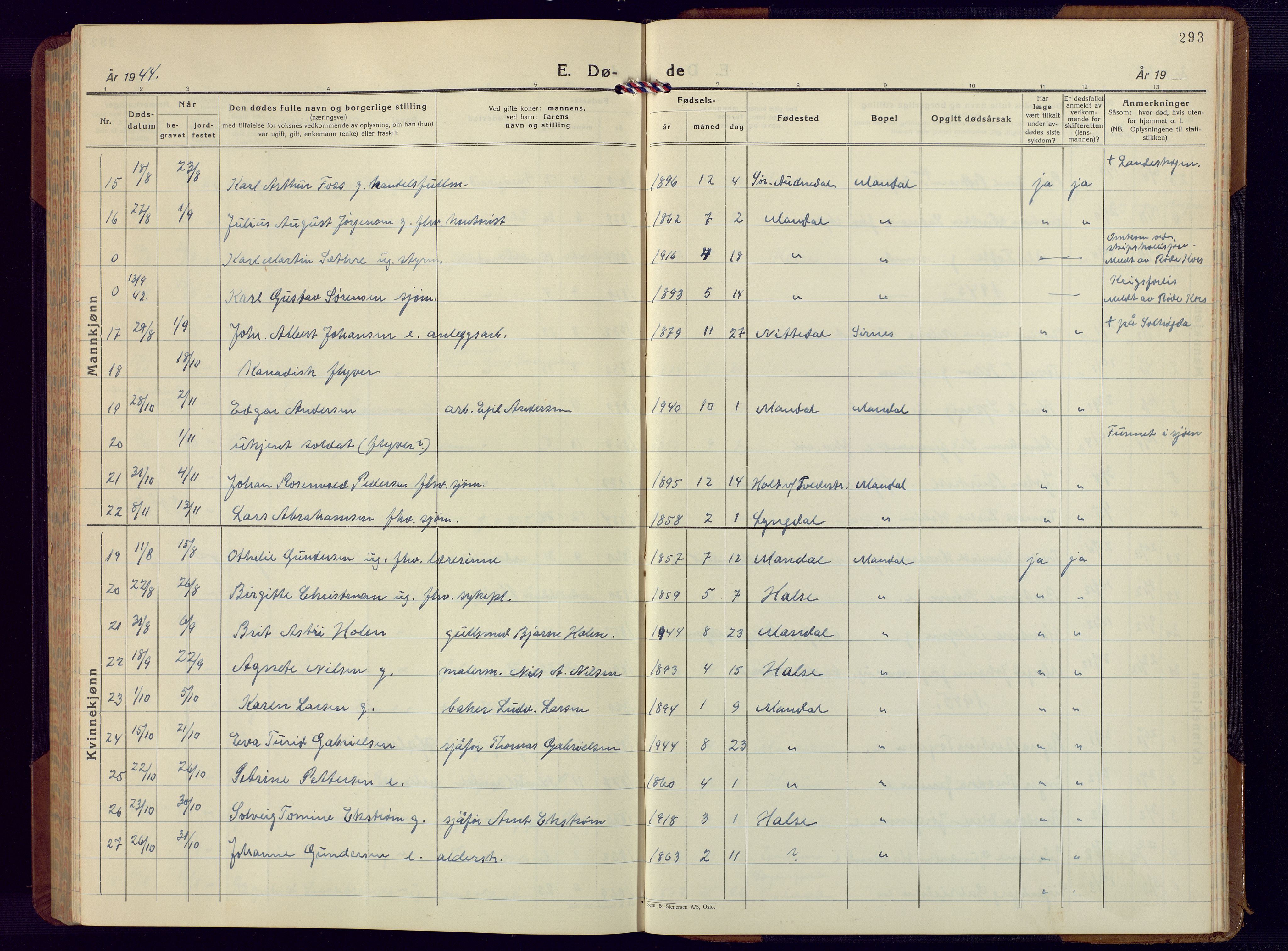 Mandal sokneprestkontor, AV/SAK-1111-0030/F/Fb/Fbc/L0002: Parish register (copy) no. B 2, 1931-1949, p. 293