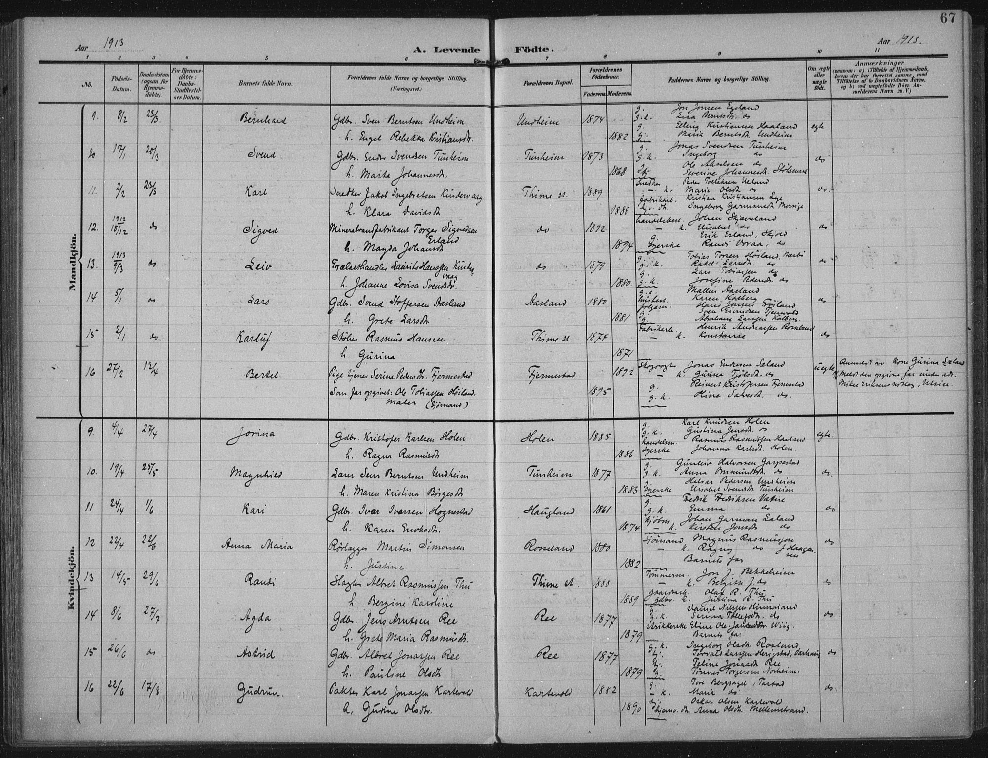 Lye sokneprestkontor, AV/SAST-A-101794/002/A/L0001: Parish register (official) no. A 12, 1904-1920, p. 67