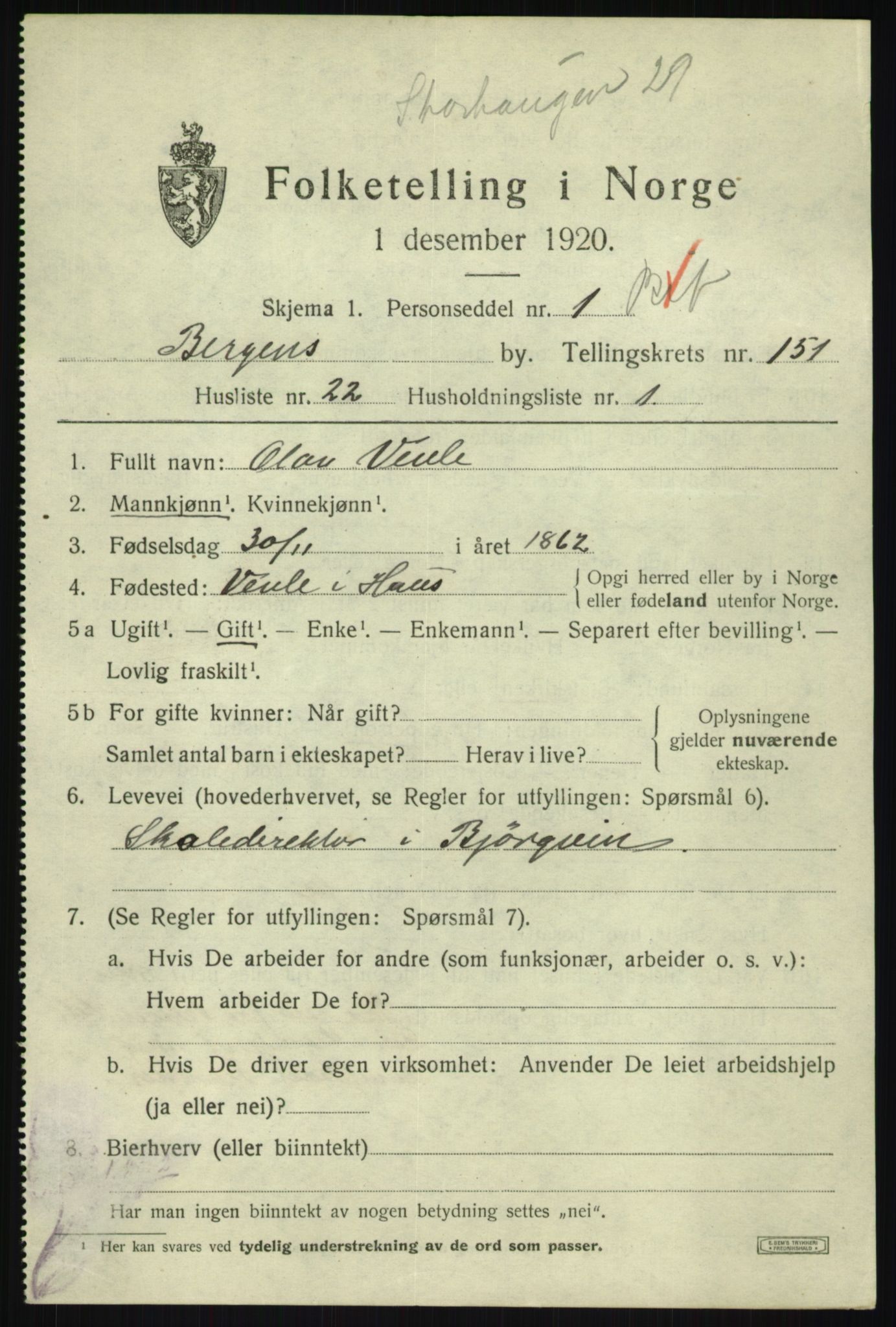 SAB, 1920 census for Bergen, 1920, p. 246874