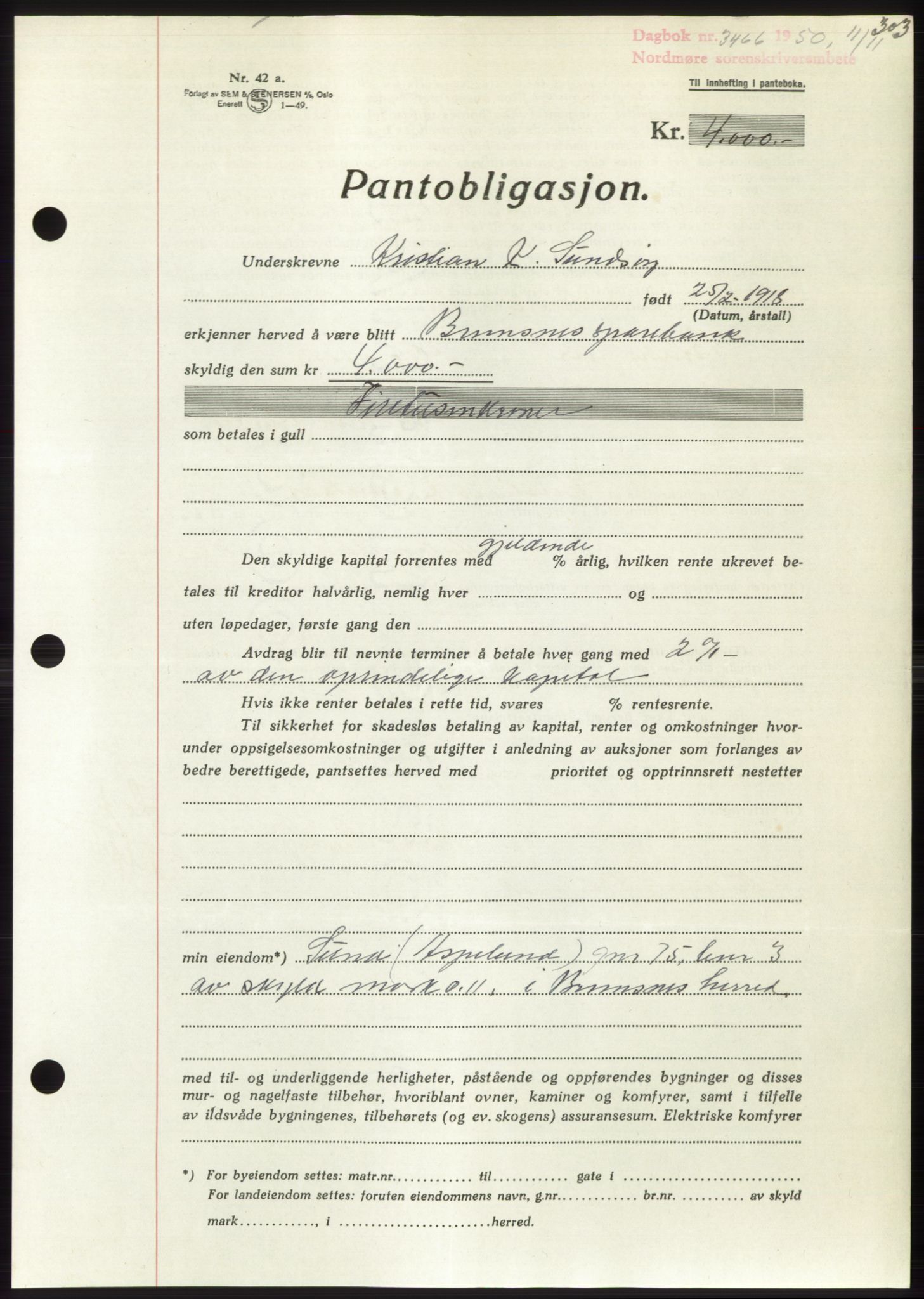 Nordmøre sorenskriveri, AV/SAT-A-4132/1/2/2Ca: Mortgage book no. B106, 1950-1950, Diary no: : 3466/1950