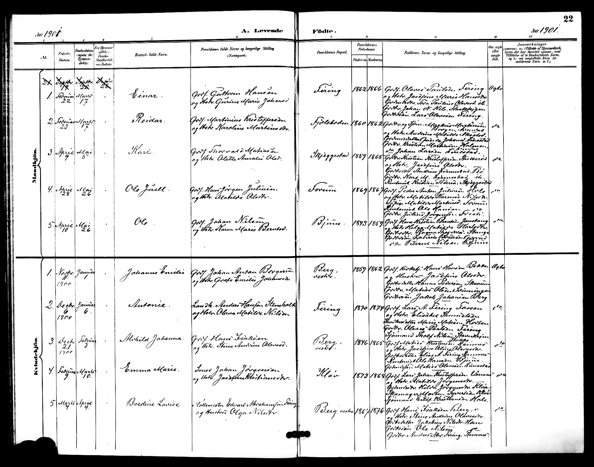 Ramnes kirkebøker, AV/SAKO-A-314/G/Ga/L0004: Parish register (copy) no. I 4, 1896-1911, p. 22