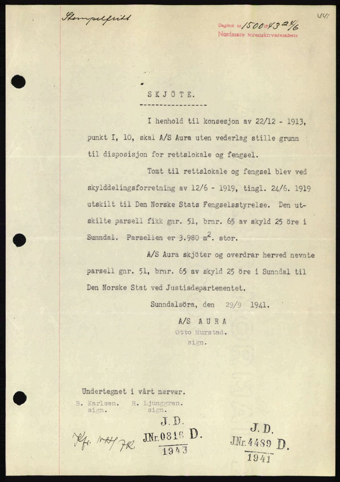 Nordmøre sorenskriveri, AV/SAT-A-4132/1/2/2Ca: Mortgage book no. A95, 1943-1943, Diary no: : 1500/1943