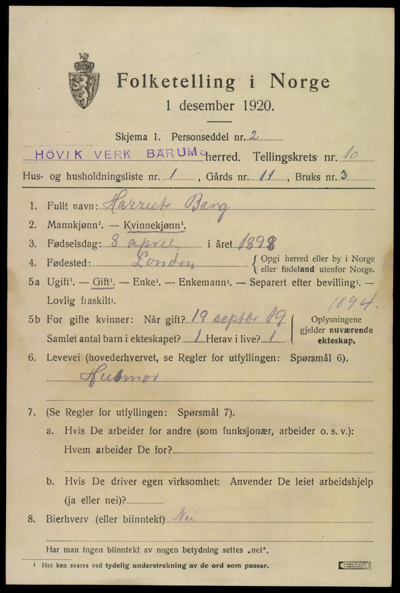 SAO, 1920 census for Bærum, 1920, p. 22998