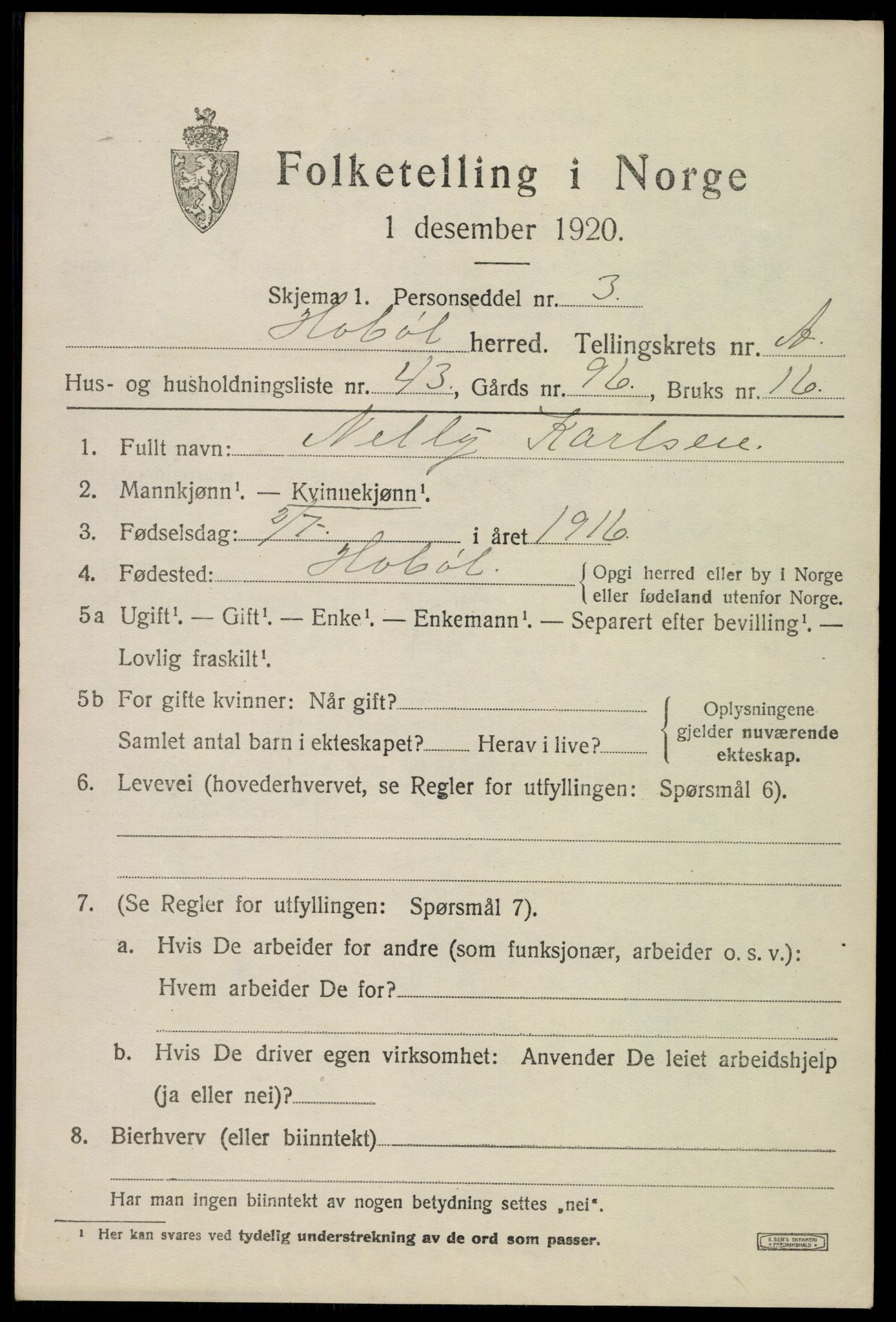 SAO, 1920 census for Hobøl, 1920, p. 1362