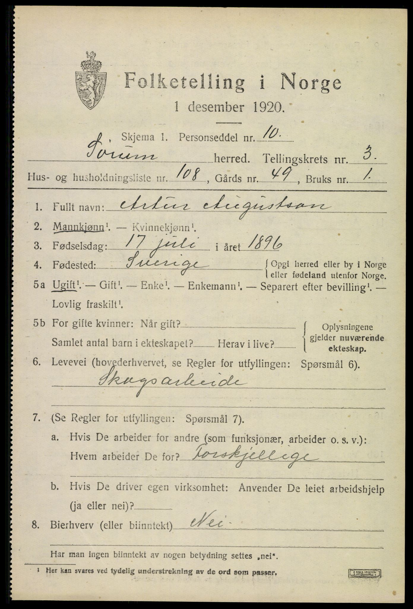 SAO, 1920 census for Sørum, 1920, p. 3407