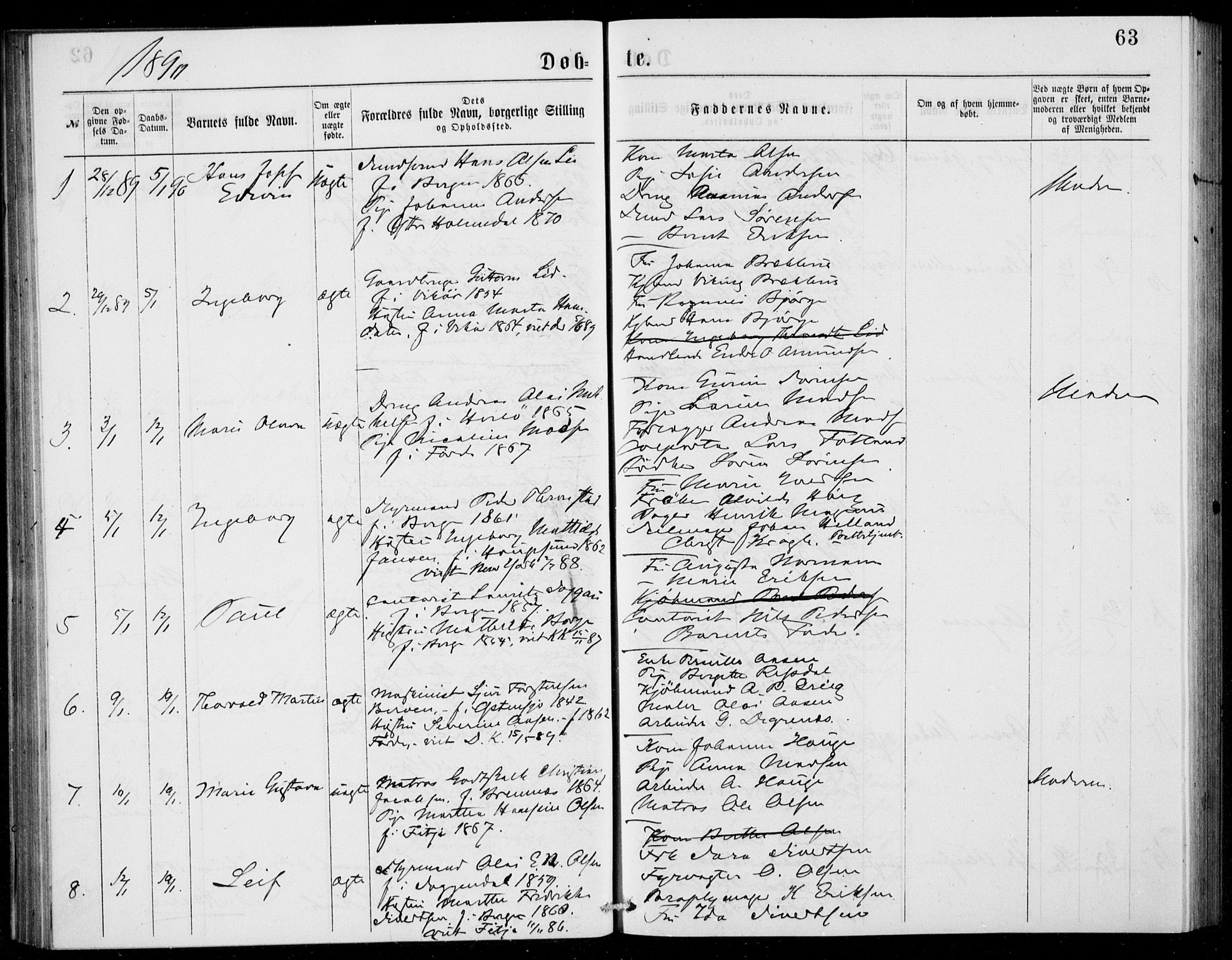 Fødselsstiftelsens sokneprestembete, ført av overlegen*, SAB/-: Parish register (official) no. A 2, 1884-1900, p. 63