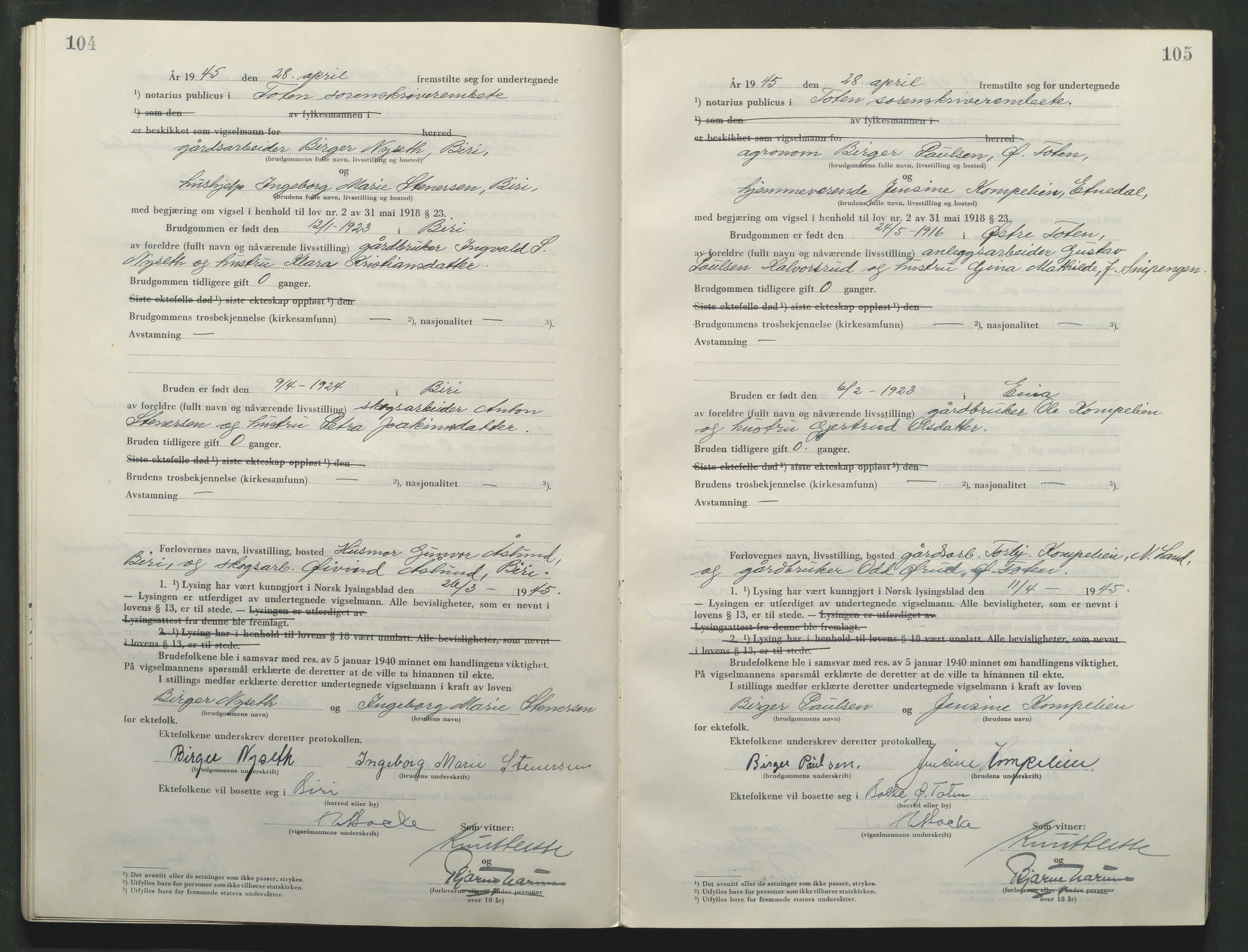 Toten tingrett, AV/SAH-TING-006/L/Lc/L0005: Vigselbok, 1944-1948, p. 104-105