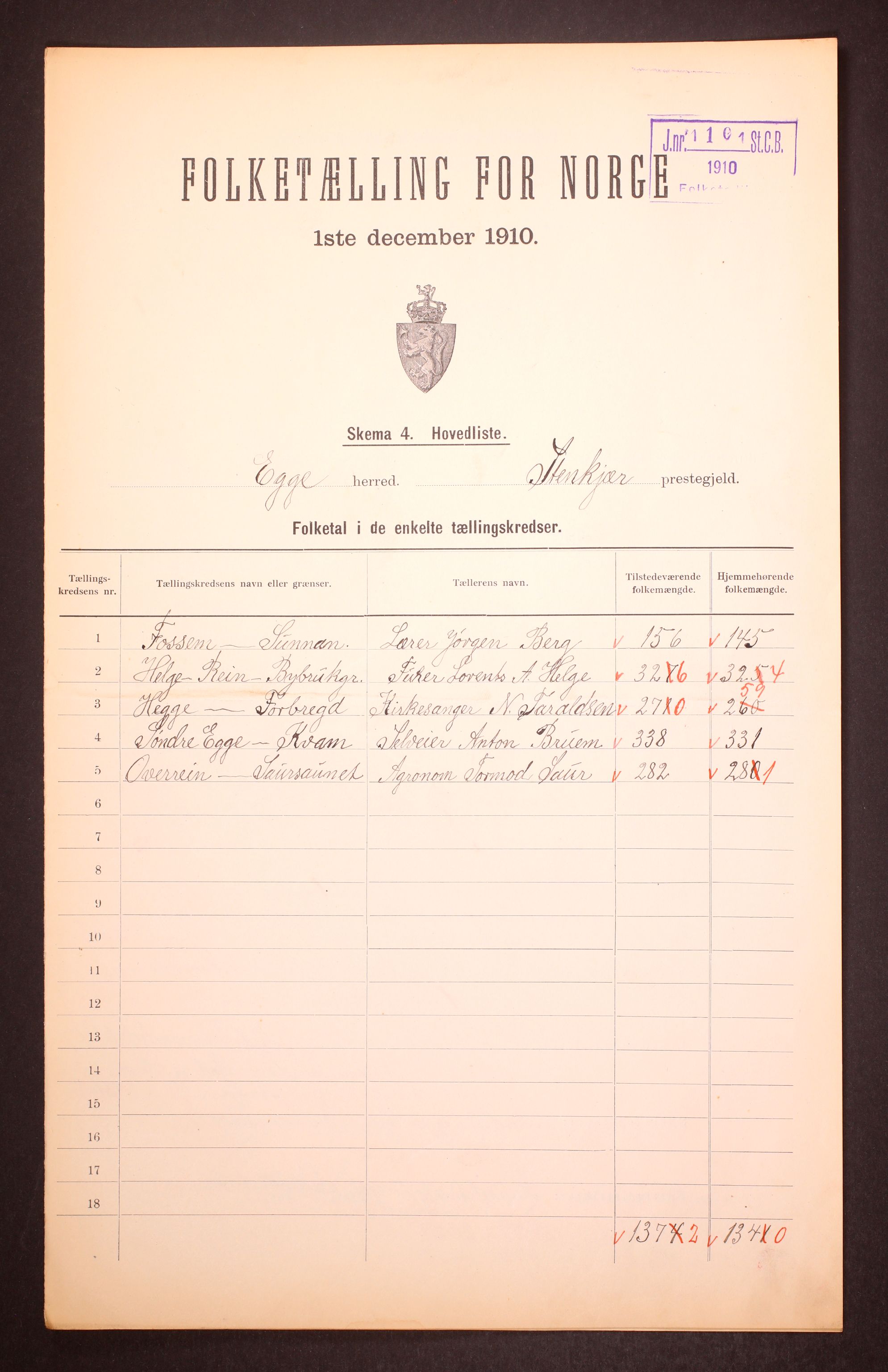 RA, 1910 census for Egge, 1910, p. 2