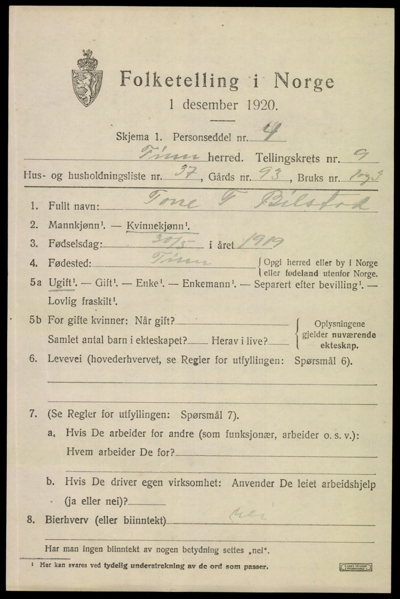 SAKO, 1920 census for Tinn, 1920, p. 6342