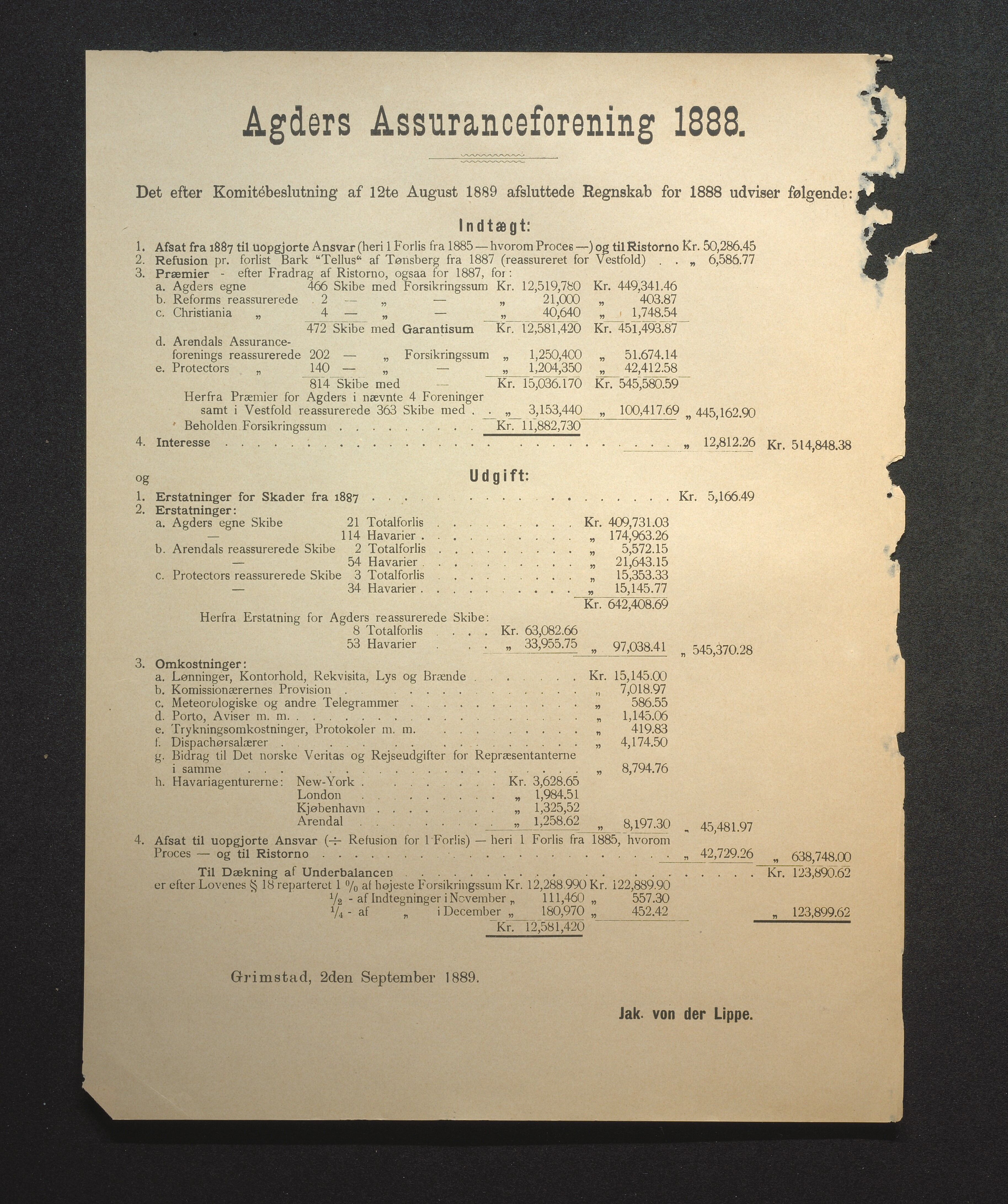 Agders Gjensidige Assuranceforening, AAKS/PA-1718/05/L0002: Regnskap, seilavdeling, pakkesak, 1881-1889