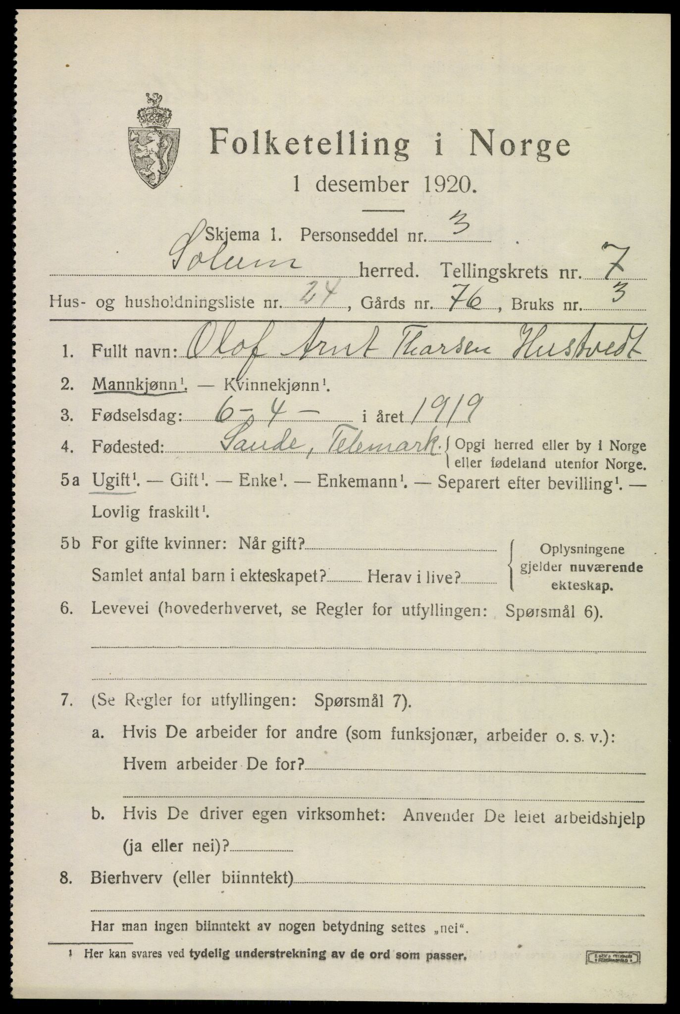 SAKO, 1920 census for Solum, 1920, p. 14074