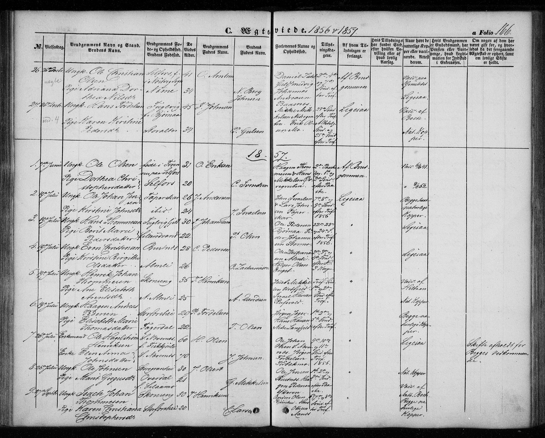 Ministerialprotokoller, klokkerbøker og fødselsregistre - Nordland, SAT/A-1459/827/L0392: Parish register (official) no. 827A04, 1853-1866, p. 166