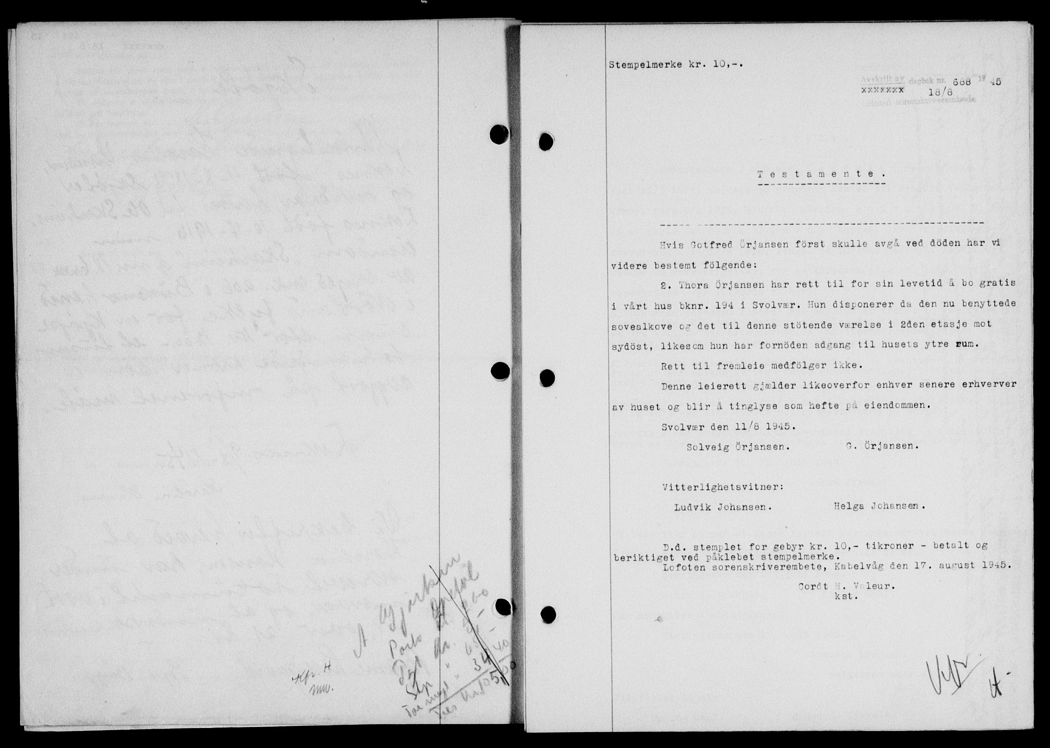 Lofoten sorenskriveri, SAT/A-0017/1/2/2C/L0013a: Mortgage book no. 13a, 1944-1946, Diary no: : 688/1945