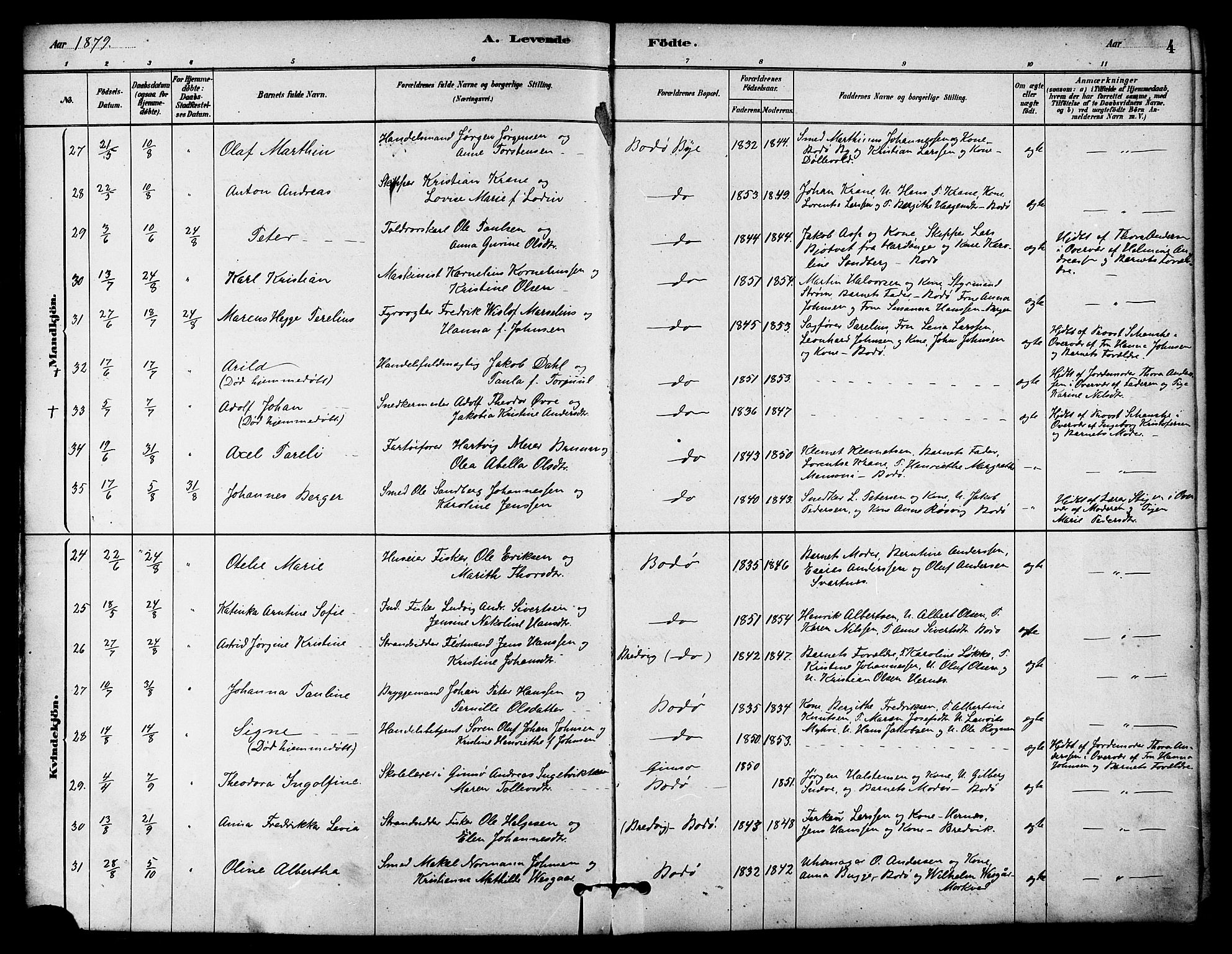 Ministerialprotokoller, klokkerbøker og fødselsregistre - Nordland, AV/SAT-A-1459/801/L0030: Parish register (copy) no. 801C05, 1879-1887, p. 4