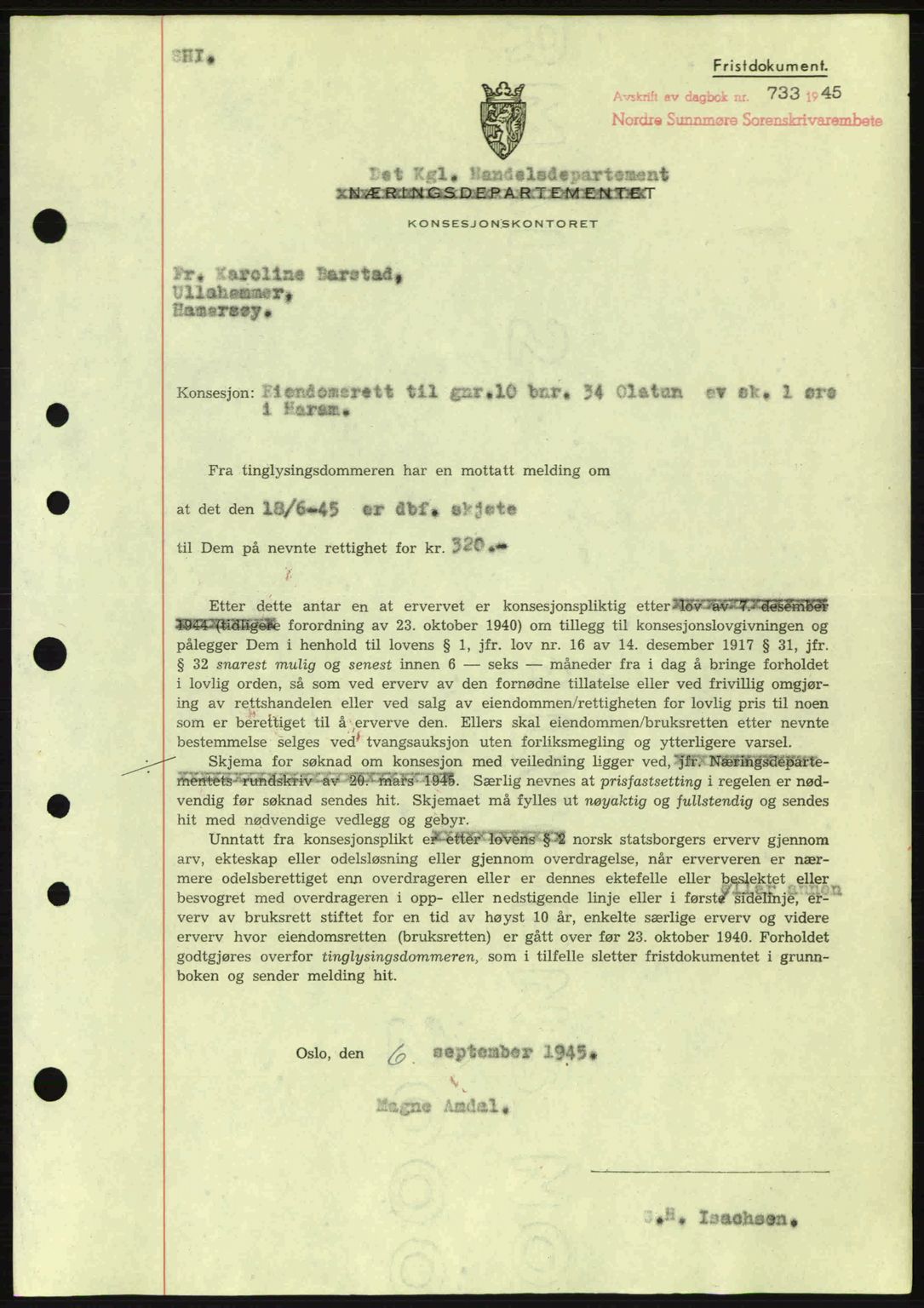 Nordre Sunnmøre sorenskriveri, SAT/A-0006/1/2/2C/2Ca: Mortgage book no. B6-14 a, 1942-1945, Diary no: : 733/1945