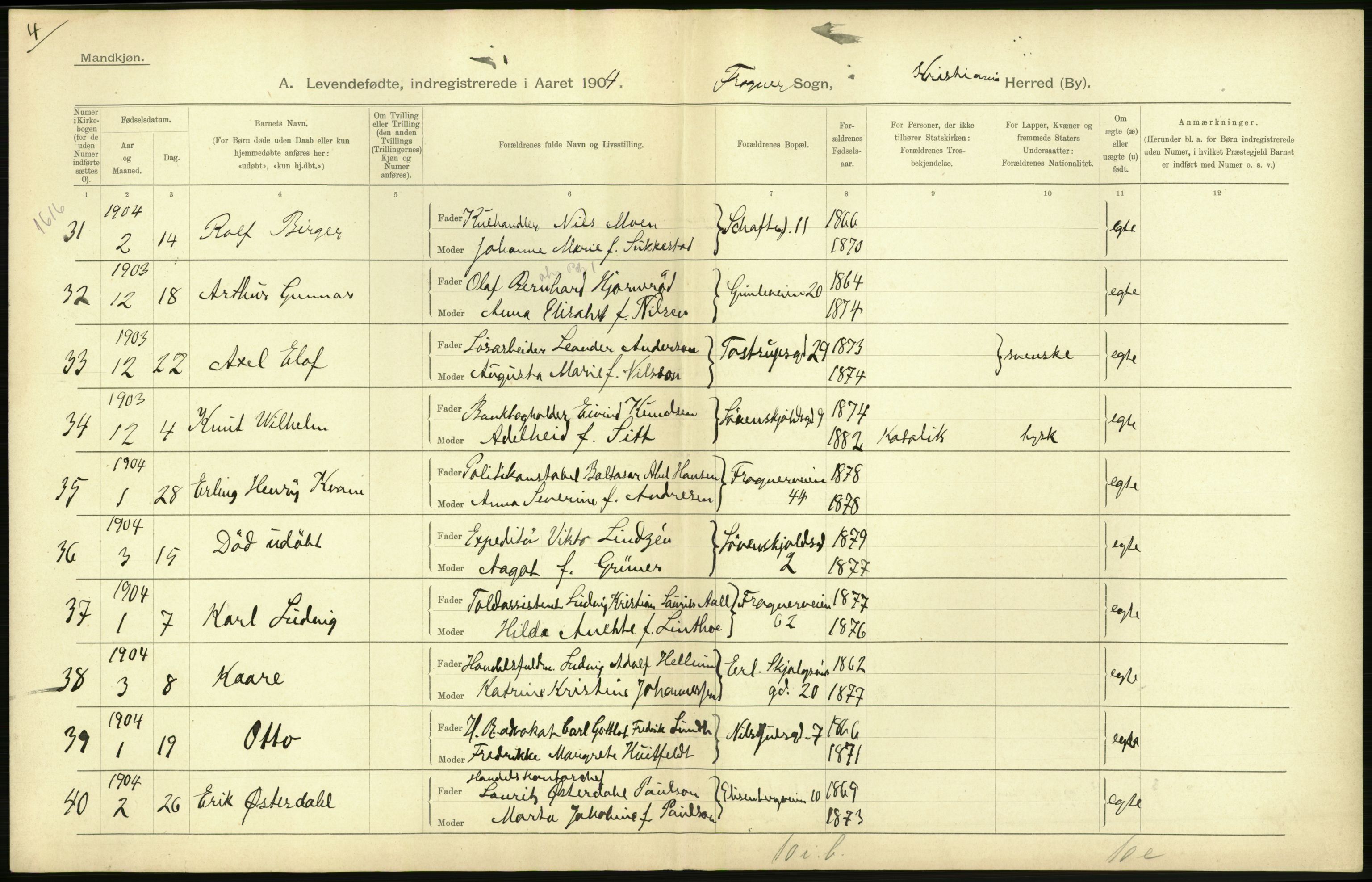 Statistisk sentralbyrå, Sosiodemografiske emner, Befolkning, AV/RA-S-2228/D/Df/Dfa/Dfab/L0003: Kristiania: Fødte, 1904, p. 54