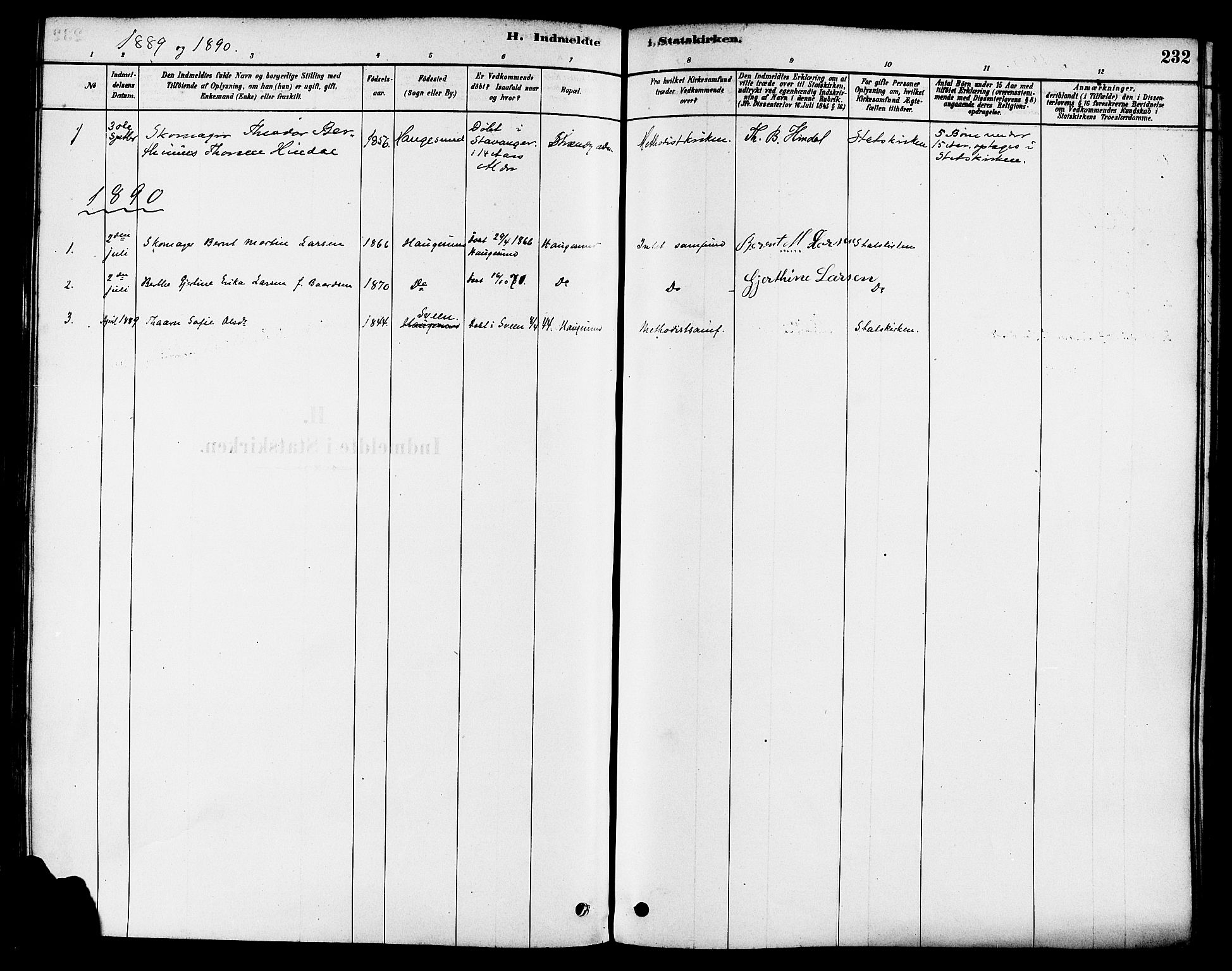 Haugesund sokneprestkontor, AV/SAST-A -101863/H/Ha/Haa/L0003: Parish register (official) no. A 3, 1885-1890, p. 232