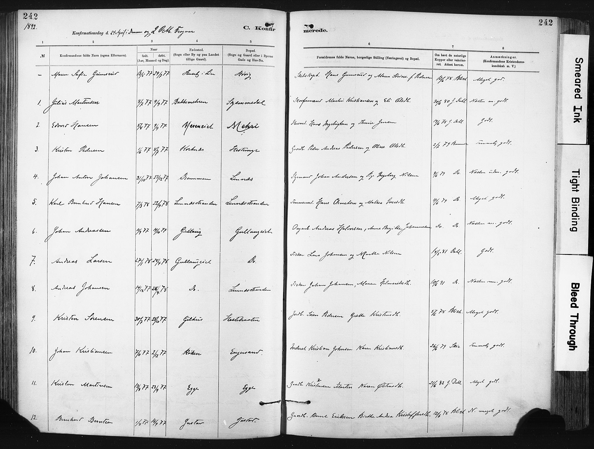 Lier kirkebøker, AV/SAKO-A-230/F/Fa/L0015: Parish register (official) no. I 15, 1883-1894, p. 242