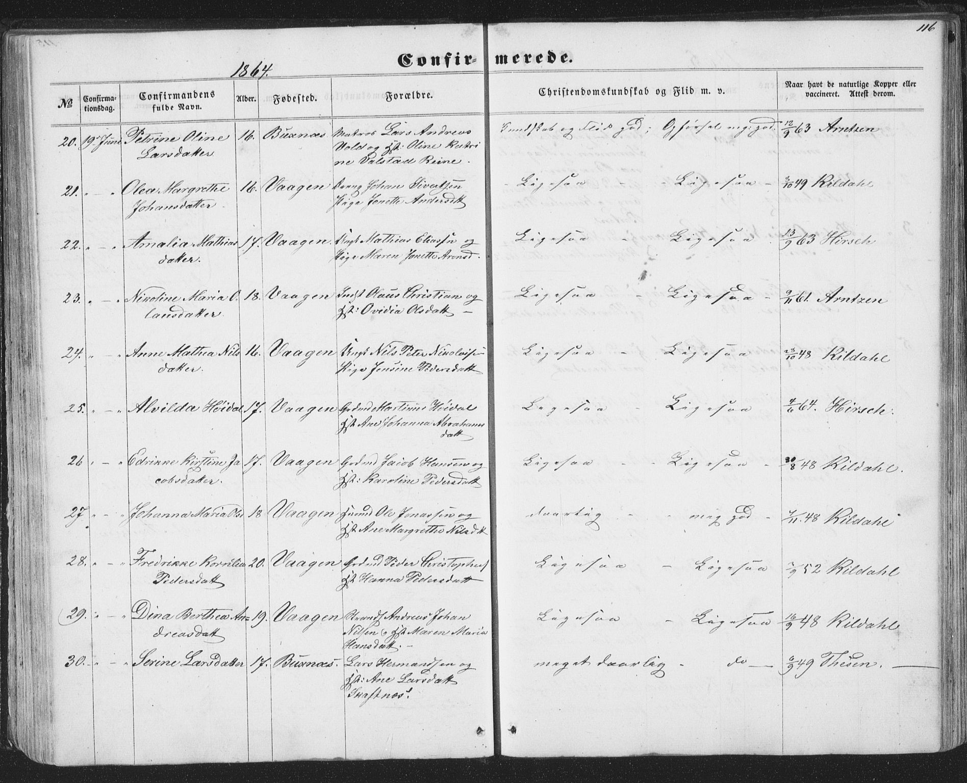 Ministerialprotokoller, klokkerbøker og fødselsregistre - Nordland, AV/SAT-A-1459/874/L1073: Parish register (copy) no. 874C02, 1860-1870, p. 116