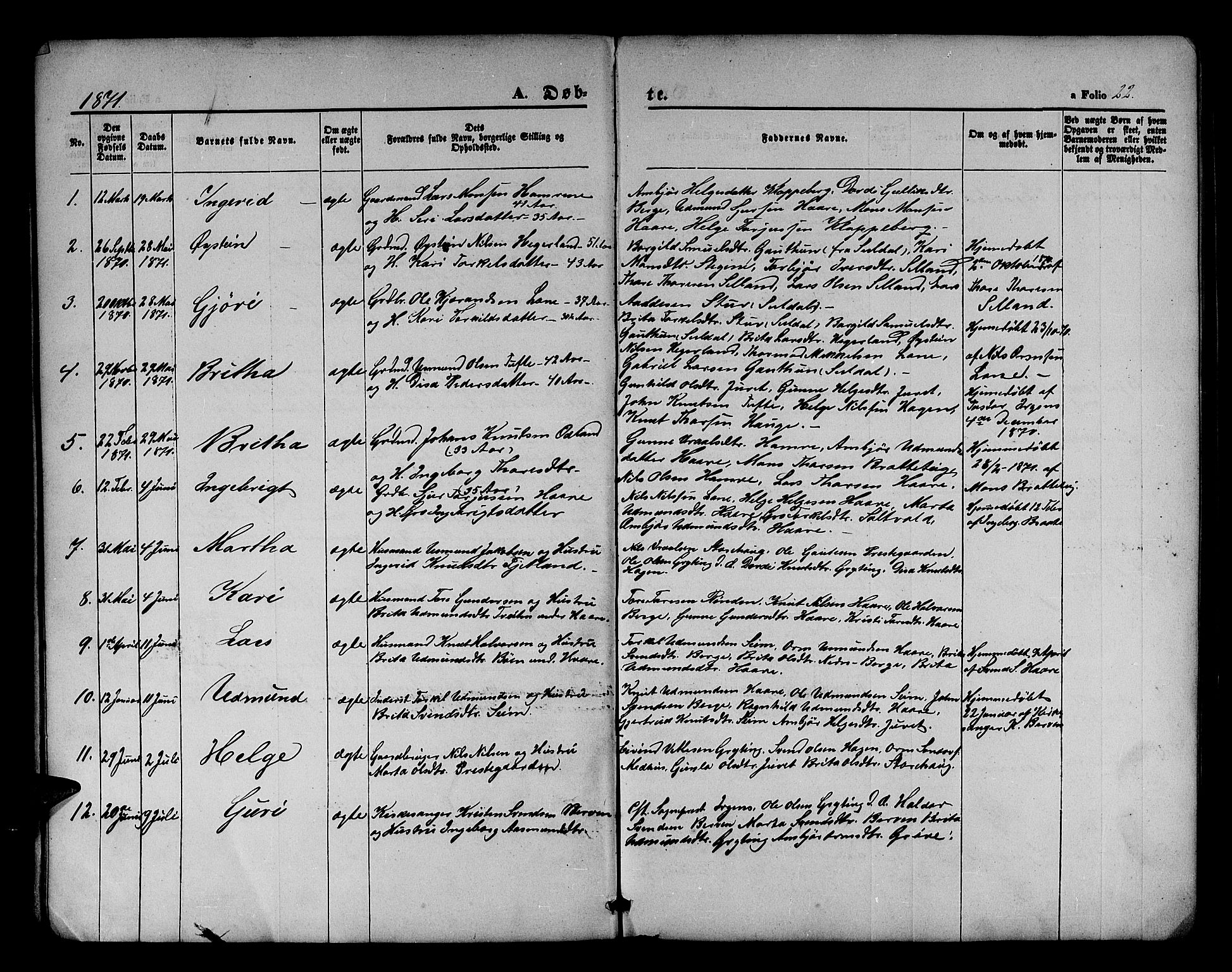 Røldal sokneprestembete, SAB/A-100247: Parish register (copy) no. A 2, 1861-1886, p. 22