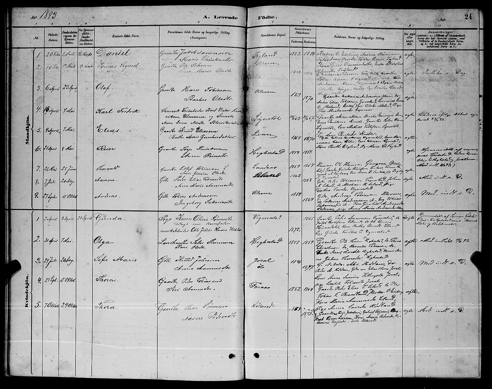 Nord-Audnedal sokneprestkontor, AV/SAK-1111-0032/F/Fb/Fbb/L0003: Parish register (copy) no. B 3, 1882-1900, p. 24