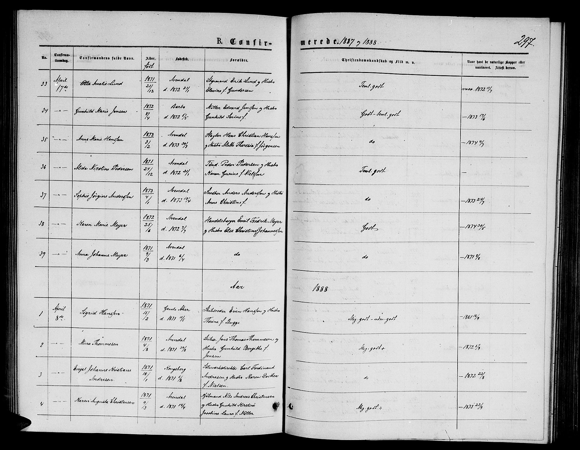 Arendal sokneprestkontor, Trefoldighet, AV/SAK-1111-0040/F/Fb/L0005: Parish register (copy) no. B 5, 1874-1888, p. 297