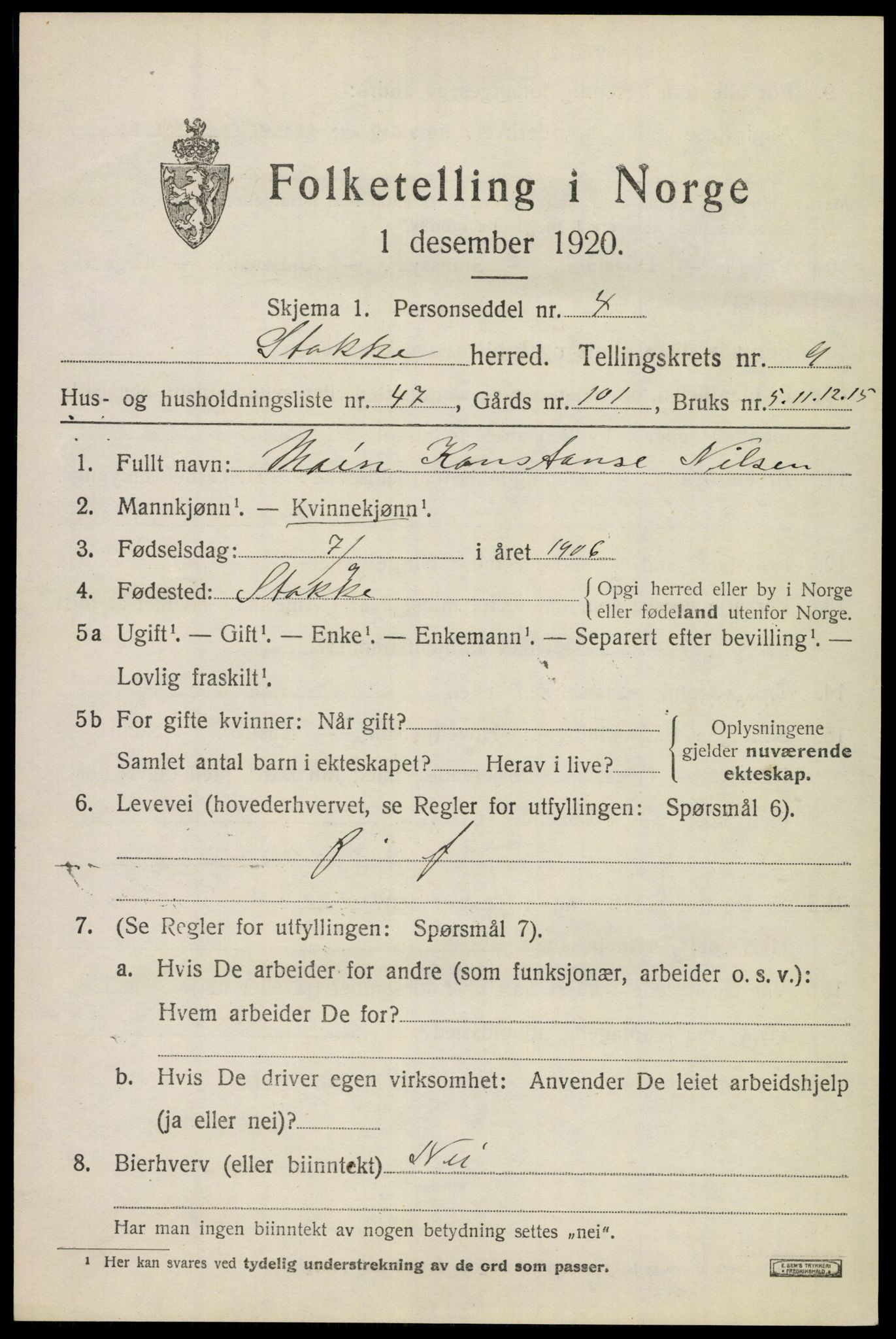SAKO, 1920 census for Stokke, 1920, p. 10922