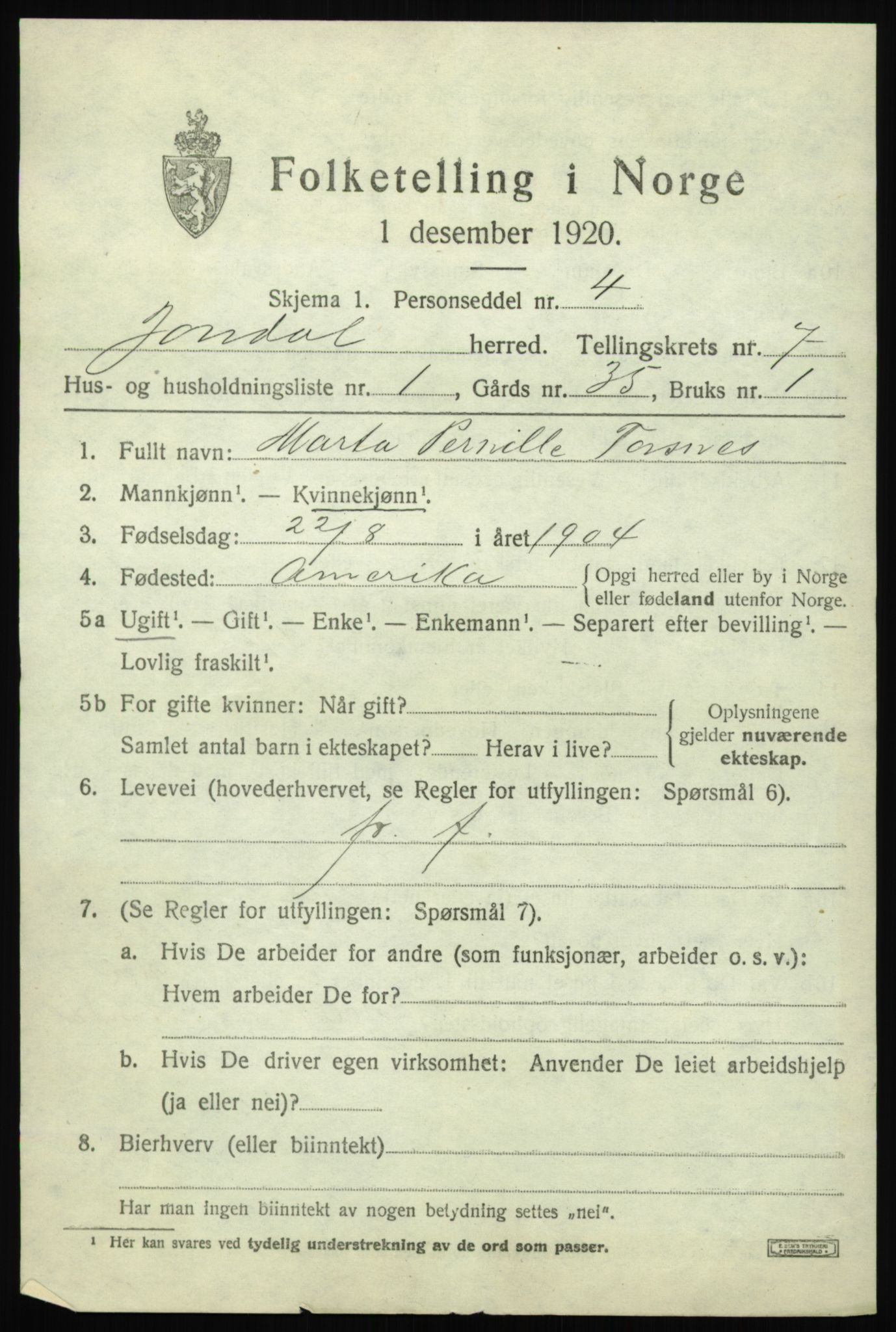 SAB, 1920 census for Jondal, 1920, p. 3762