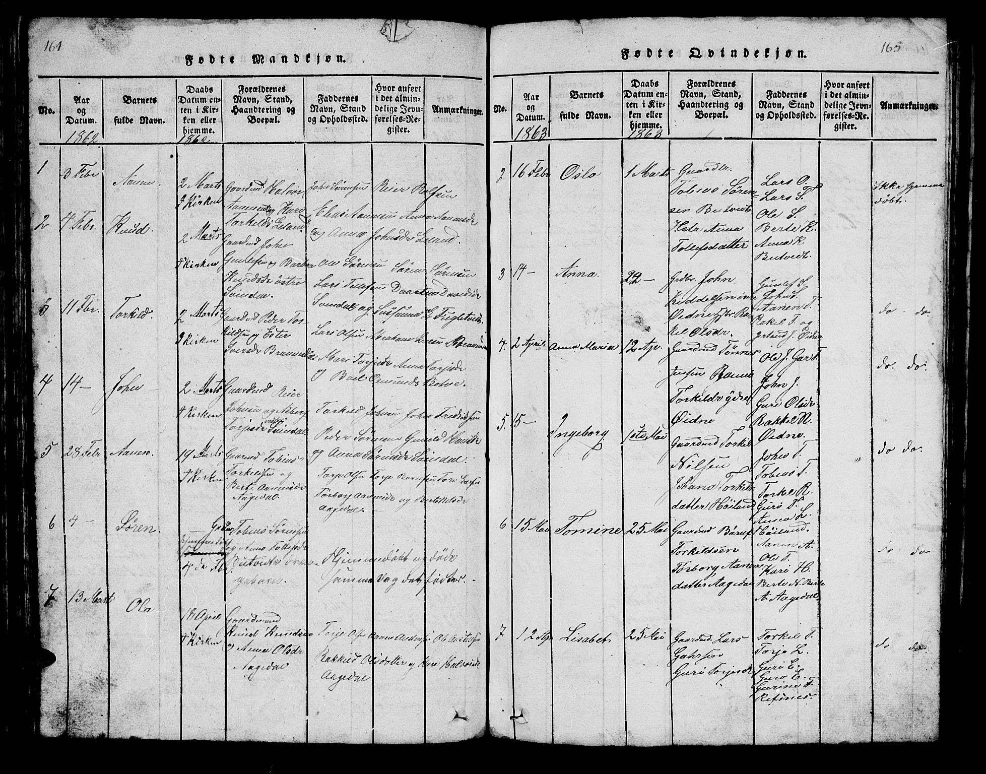 Bjelland sokneprestkontor, SAK/1111-0005/F/Fb/Fbc/L0001: Parish register (copy) no. B 1, 1815-1870, p. 164-165