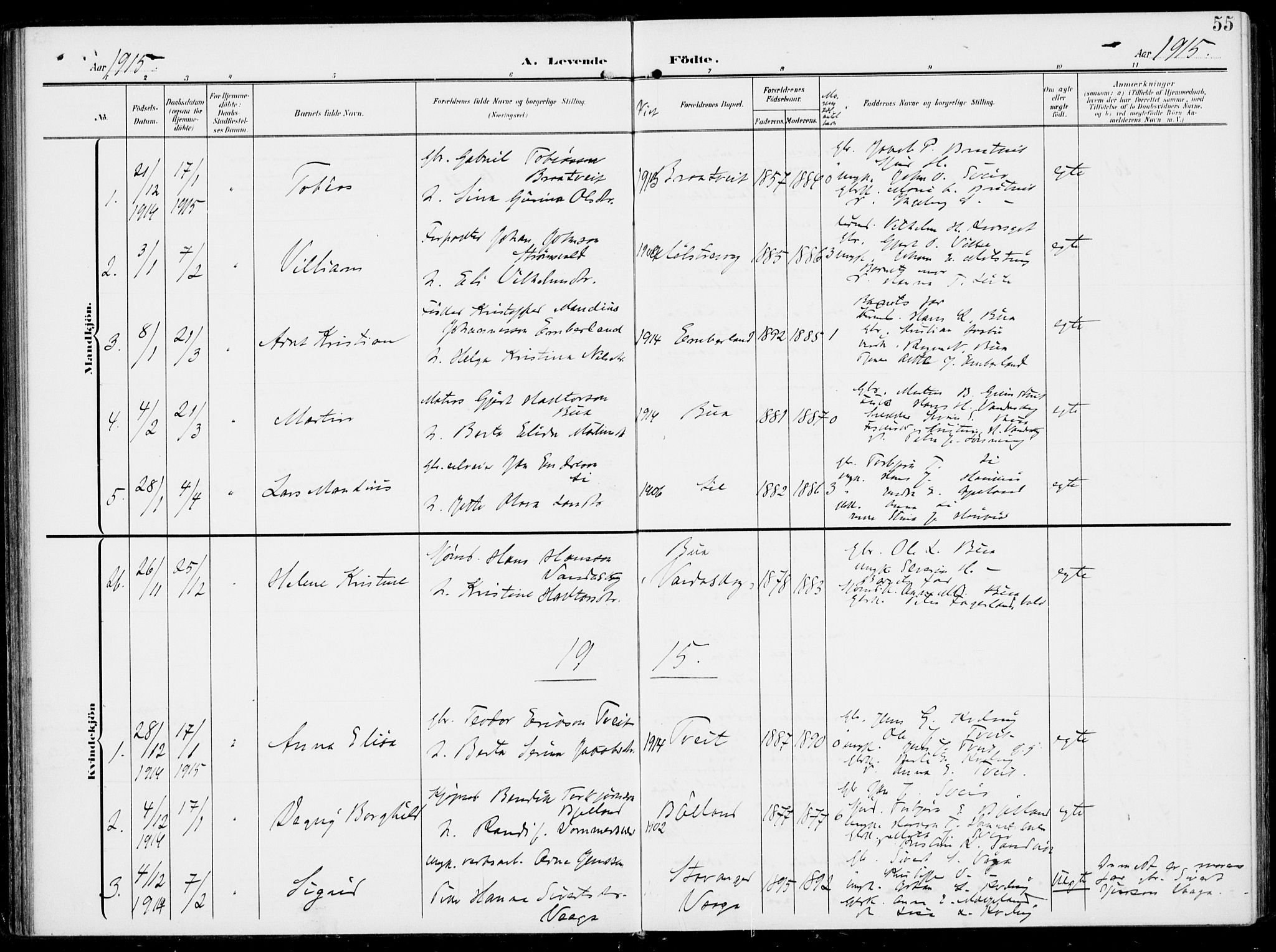 Sveio Sokneprestembete, SAB/A-78501/H/Haa: Parish register (official) no. B  4, 1906-1919, p. 55