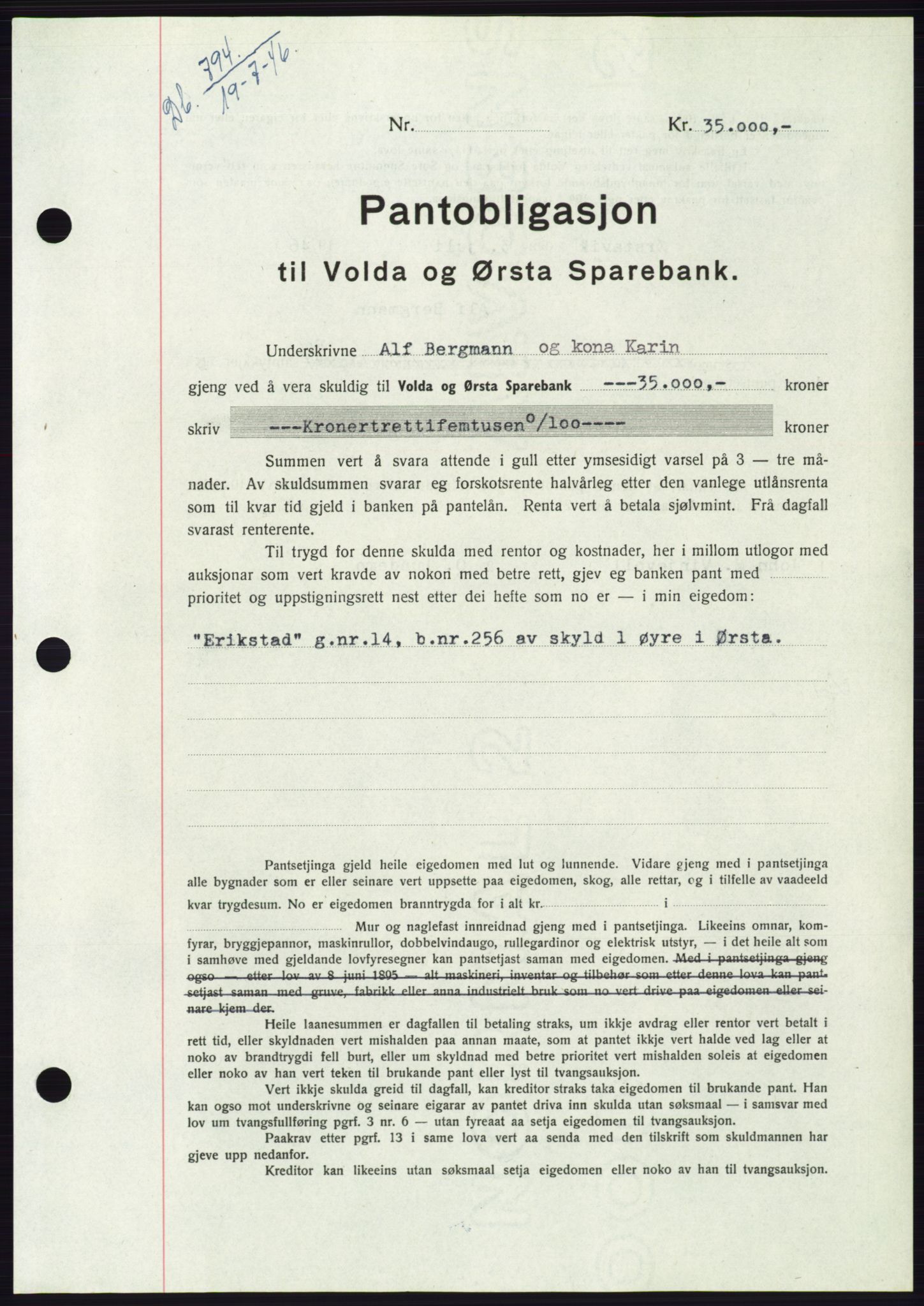 Søre Sunnmøre sorenskriveri, AV/SAT-A-4122/1/2/2C/L0114: Mortgage book no. 1-2B, 1943-1947, Diary no: : 794/1946