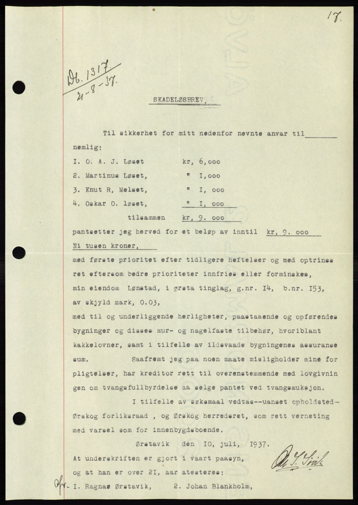 Søre Sunnmøre sorenskriveri, AV/SAT-A-4122/1/2/2C/L0064: Mortgage book no. 58, 1937-1938, Diary no: : 1317/1937