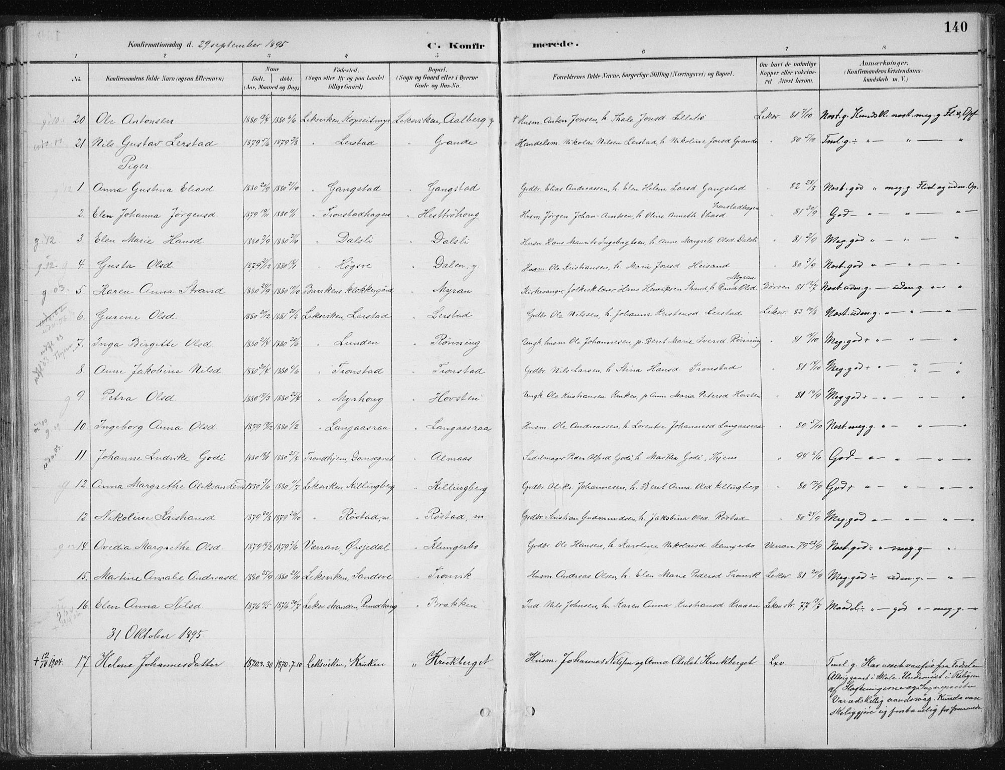 Ministerialprotokoller, klokkerbøker og fødselsregistre - Nord-Trøndelag, SAT/A-1458/701/L0010: Parish register (official) no. 701A10, 1883-1899, p. 140