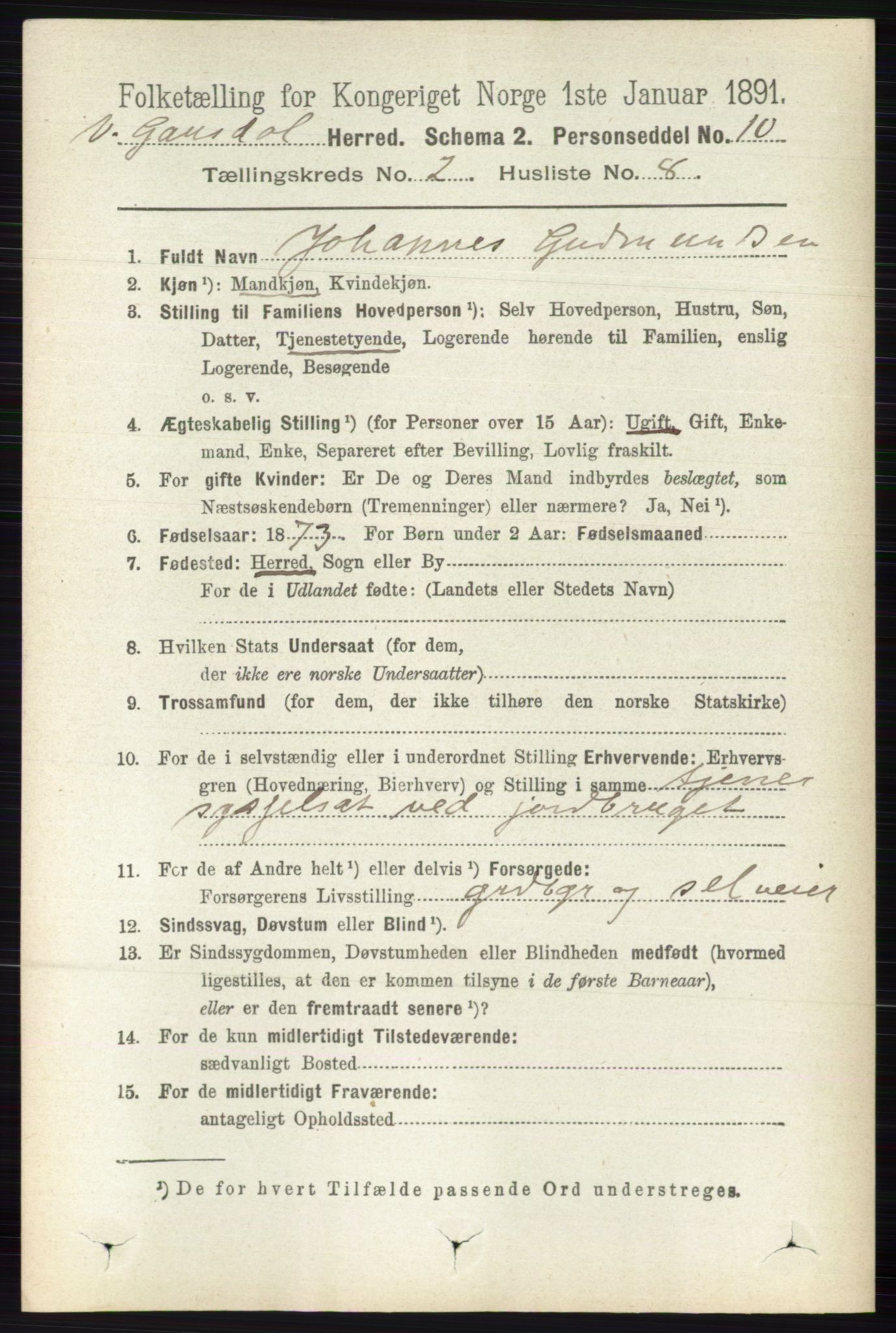 RA, 1891 census for 0523 Vestre Gausdal, 1891, p. 571