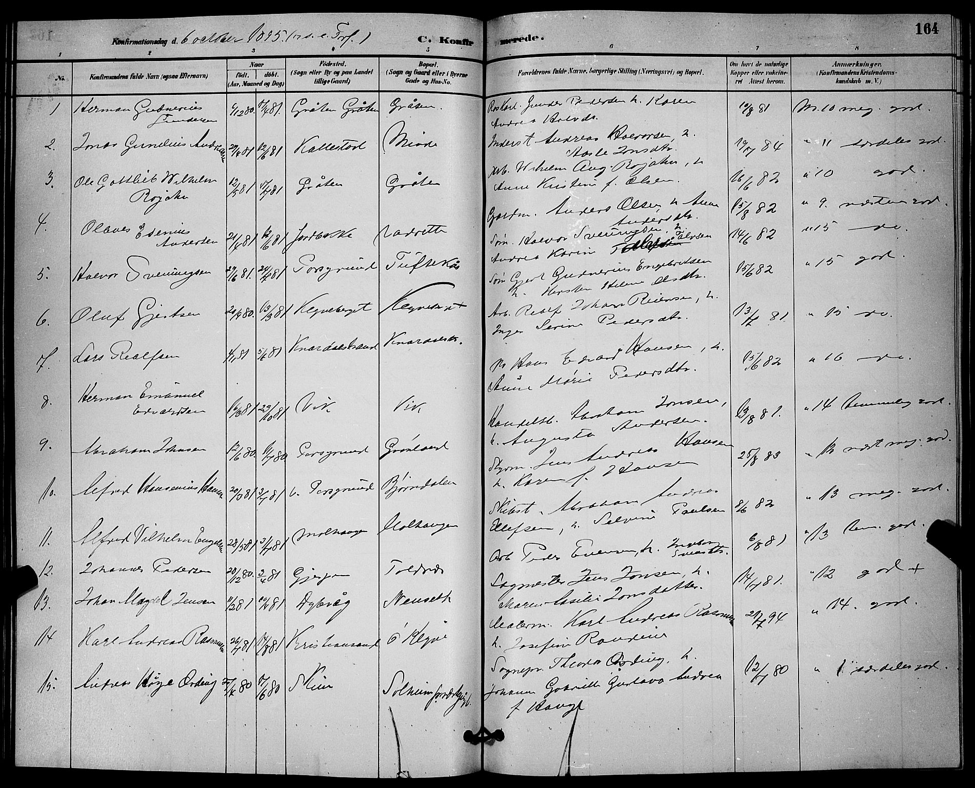 Solum kirkebøker, AV/SAKO-A-306/G/Ga/L0007: Parish register (copy) no. I 7, 1884-1898, p. 164