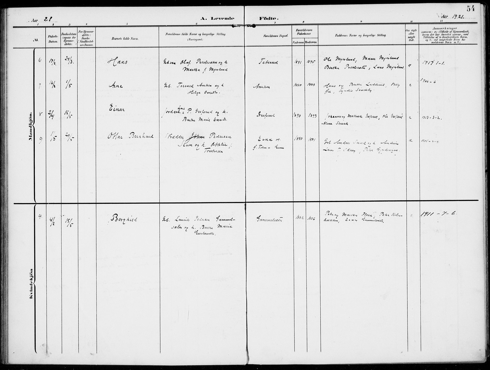 Kolbu prestekontor, SAH/PREST-110/H/Ha/Haa/L0001: Parish register (official) no. 1, 1907-1923, p. 54