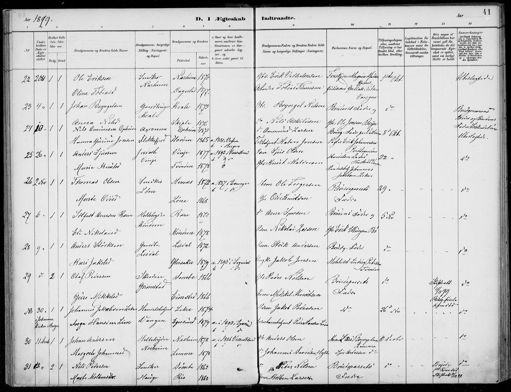 Voss sokneprestembete, SAB/A-79001/H/Haa: Parish register (official) no. C  1, 1887-1915, p. 41