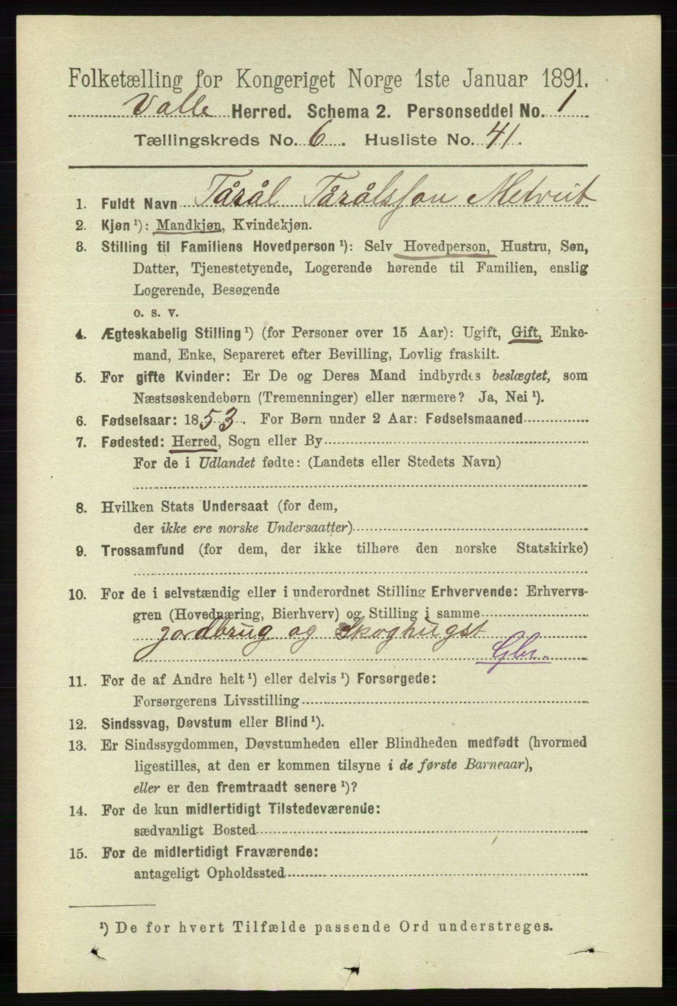 RA, 1891 census for 0940 Valle, 1891, p. 1914