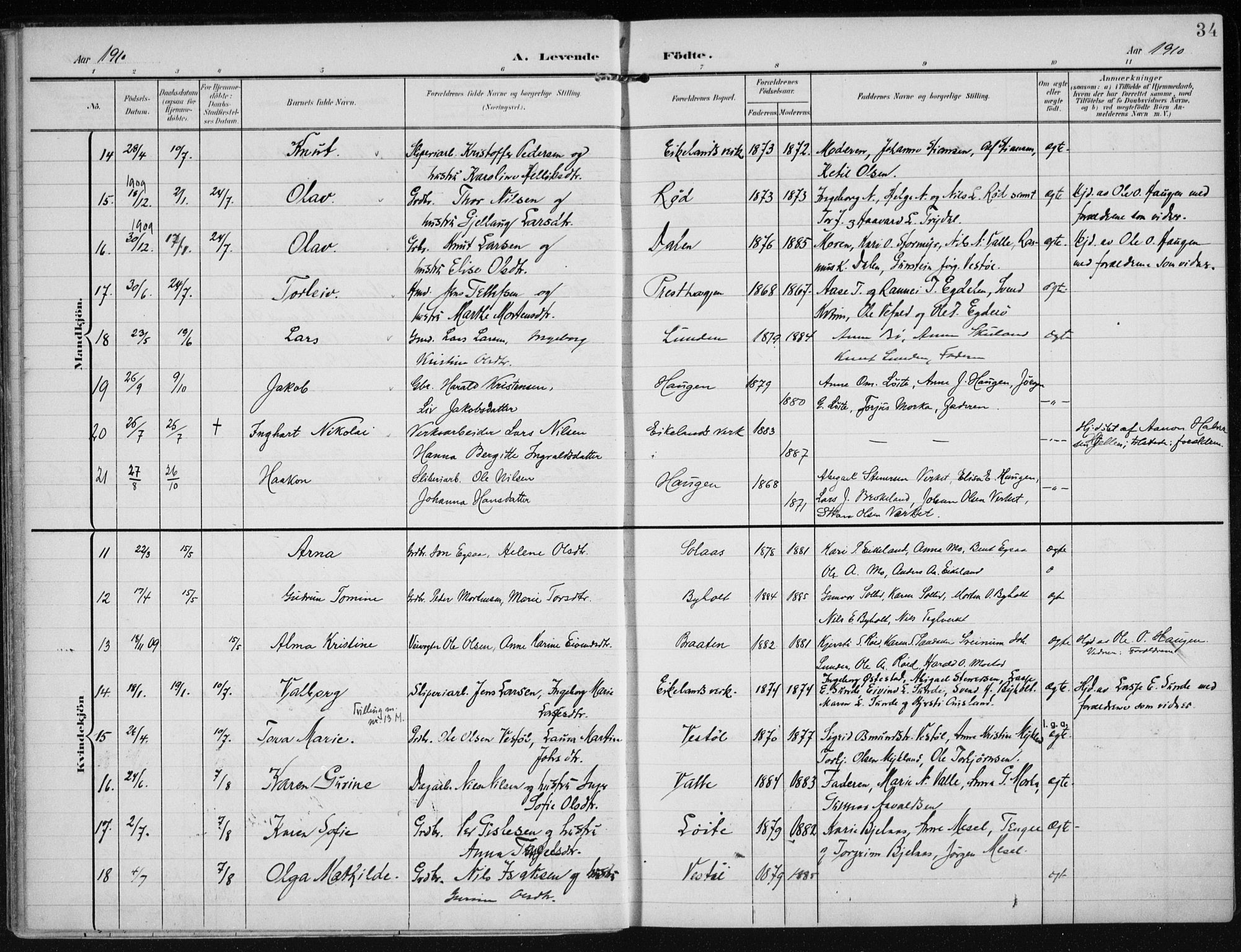 Gjerstad sokneprestkontor, SAK/1111-0014/F/Fa/Faa/L0011: Parish register (official) no. A 11, 1903-1914, p. 34