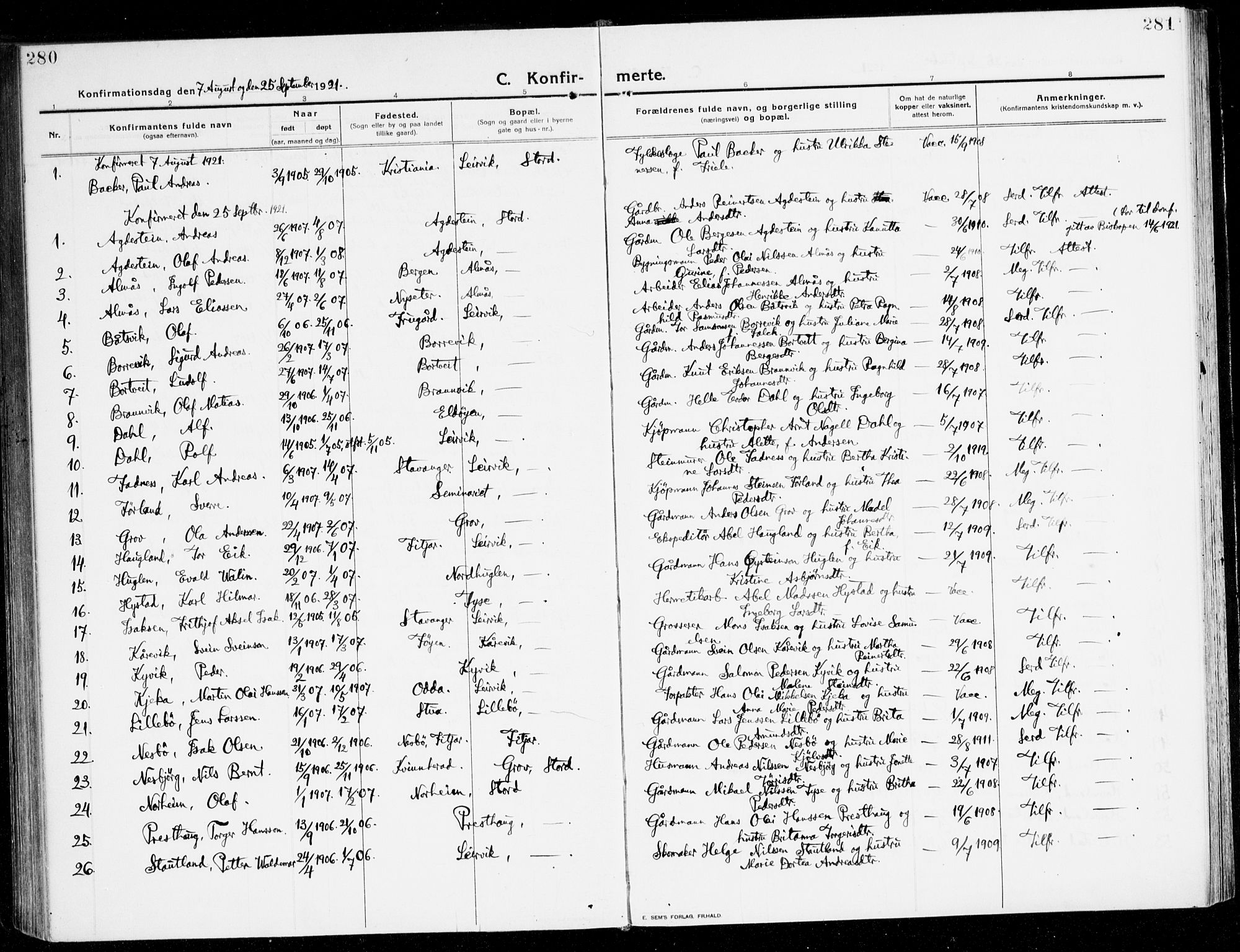 Stord sokneprestembete, SAB/A-78201/H/Haa: Parish register (official) no. B 3, 1913-1925, p. 280-281