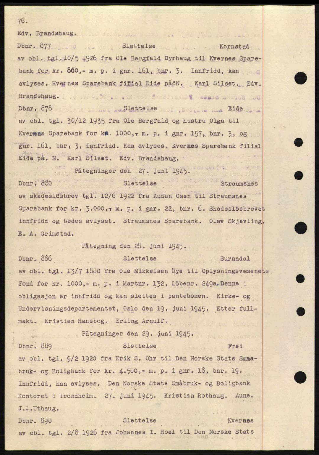 Nordmøre sorenskriveri, AV/SAT-A-4132/1/2/2Ca: Mortgage book no. C82a, 1945-1946, Diary no: : 877/1945