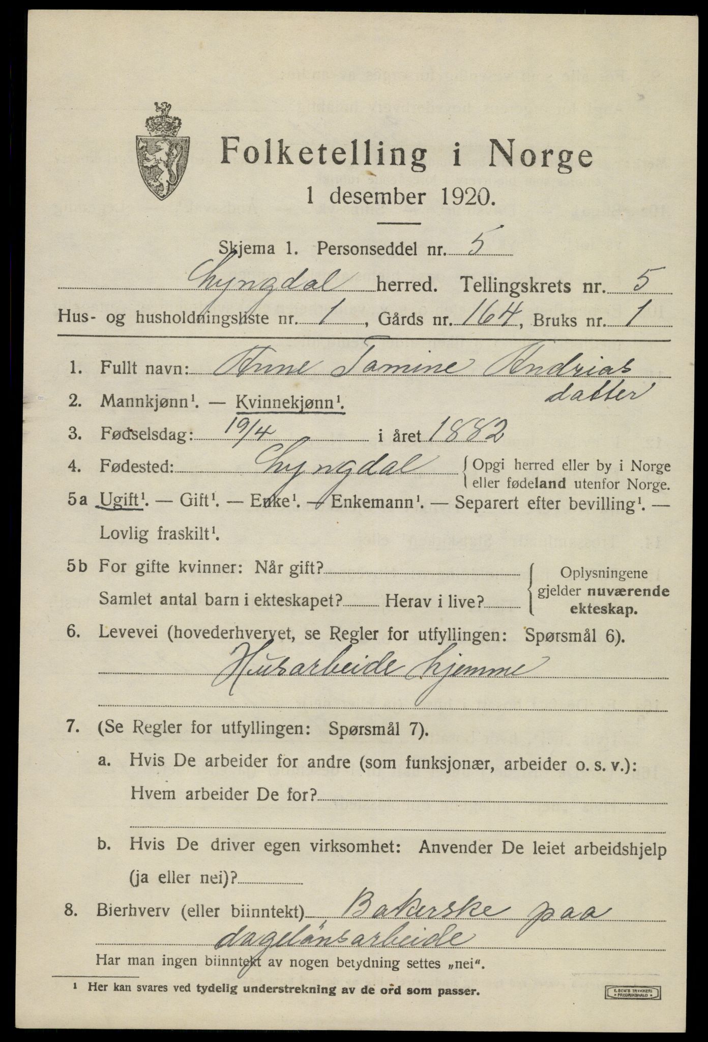 SAK, 1920 census for Lyngdal, 1920, p. 3013